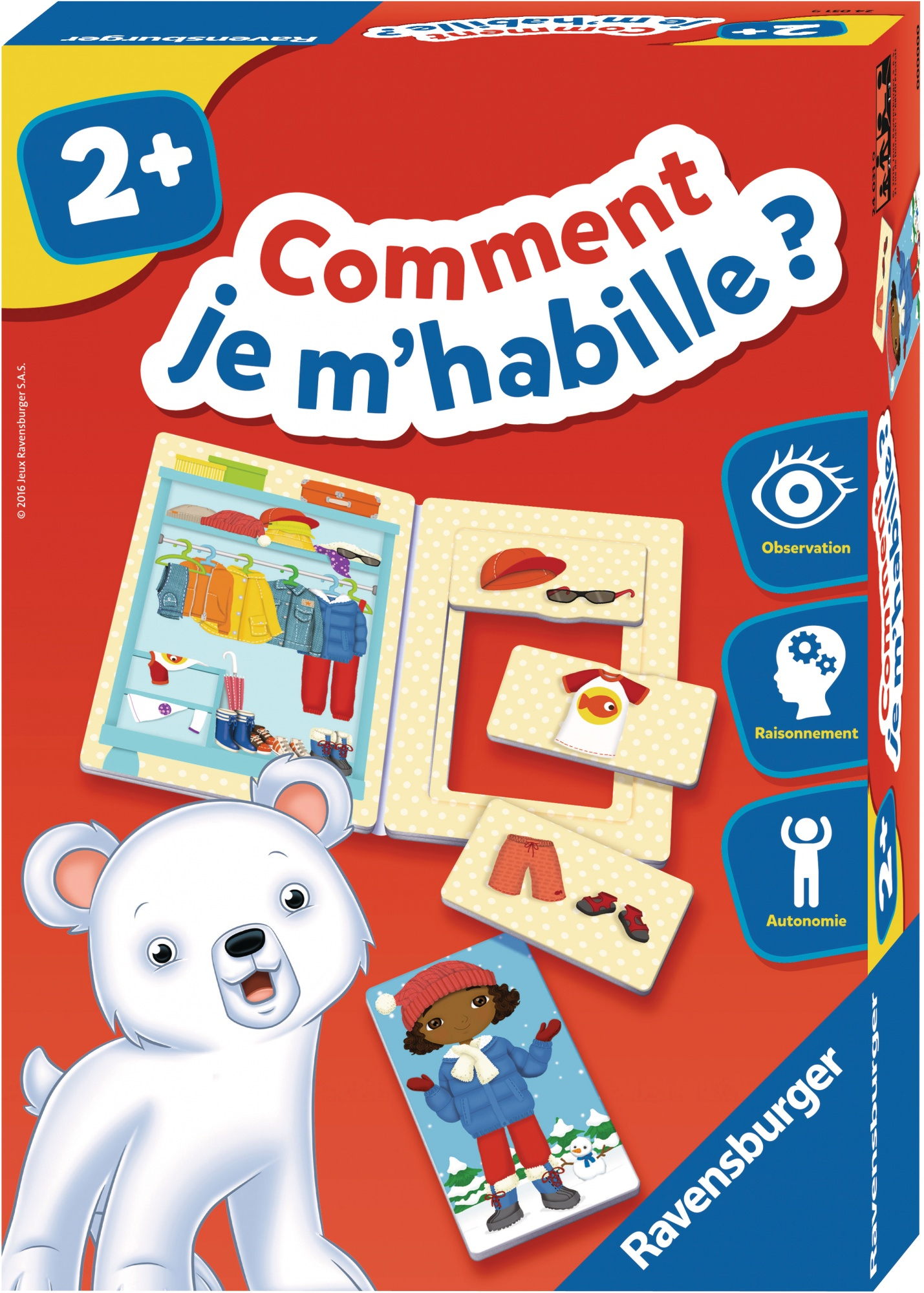 Schachtel des Ravensburger Spiels 'Comment je m'habille?' mit Kleiderschrank, Kleidung, Bär und Mädchen.