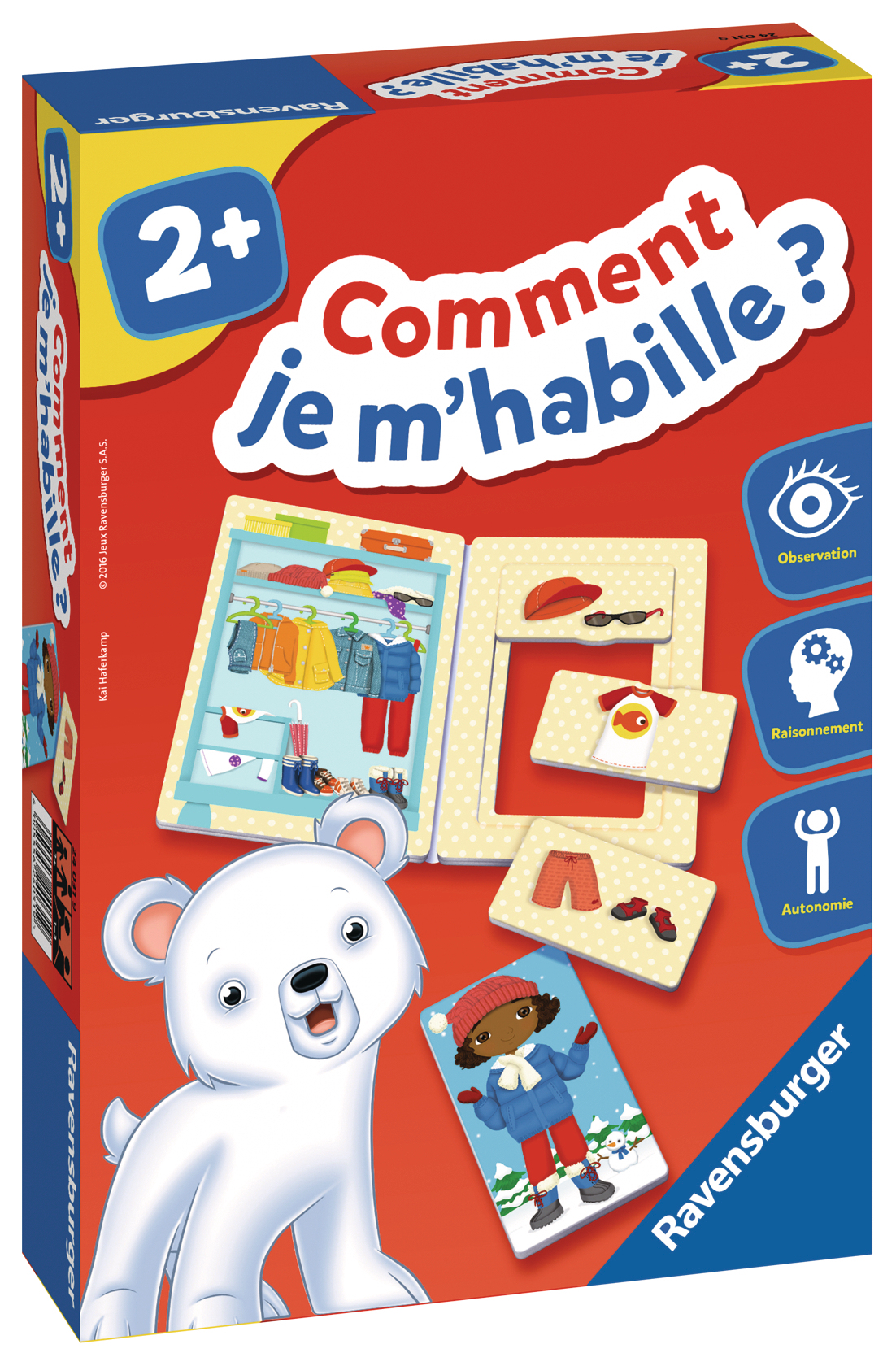 Brettspiel-Box mit Eisbär, Kleidung und einem Mädchen im Schnee.