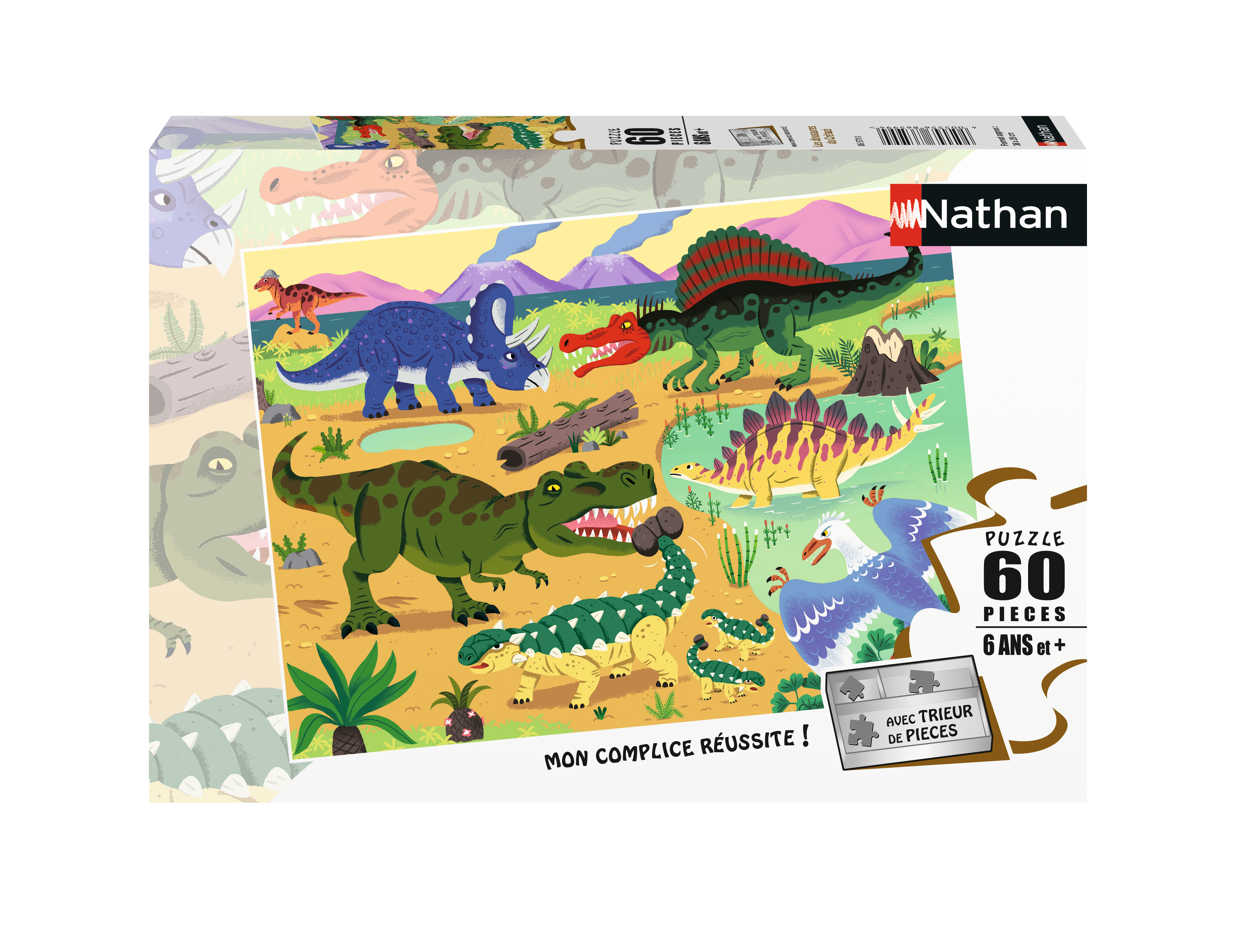 Bunte Illustration von Dinosauriern und einer Vogelart in einer prähistorischen Landschaft.