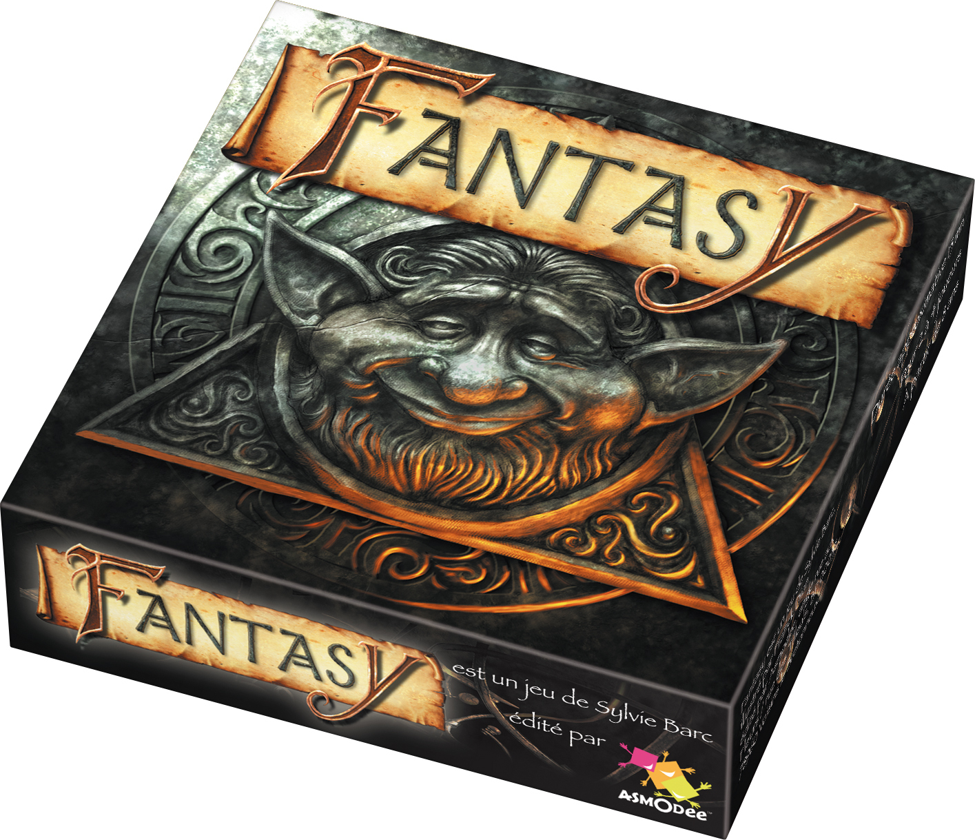 Fantasy Brettspiel-Box mit einem gruseligen Goblin-Gesicht und antiken Symbolen.