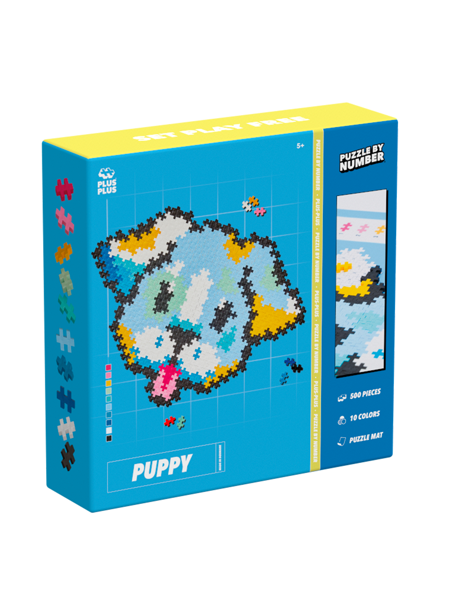 Eine blaue Box zeigt ein Pixel-Welpen-Puzzle aus 500 Teilen in 10 Farben.