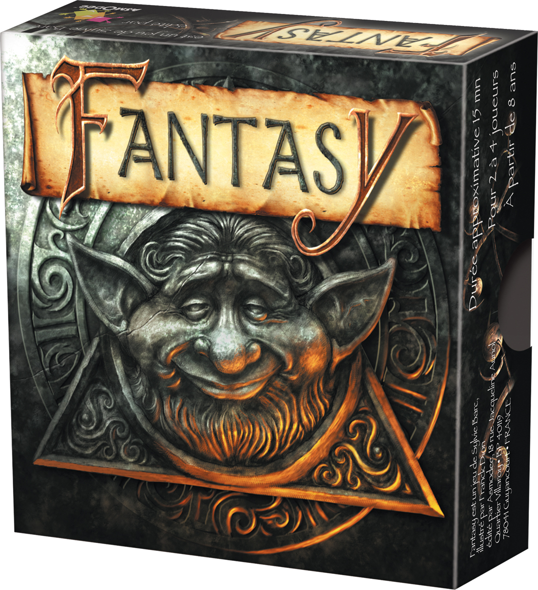 Brettspiel "Fantasy" mit einem Trollgesicht und Runen. Für 2-4 Spieler.