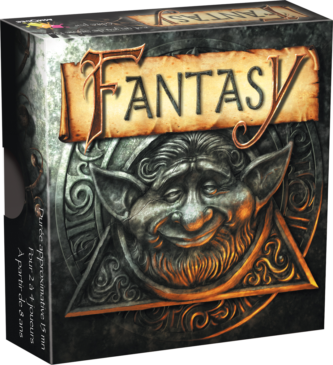 Fantasy Brettspiel-Box mit einem grinsenden Koboldkopf auf dunklem Hintergrund.