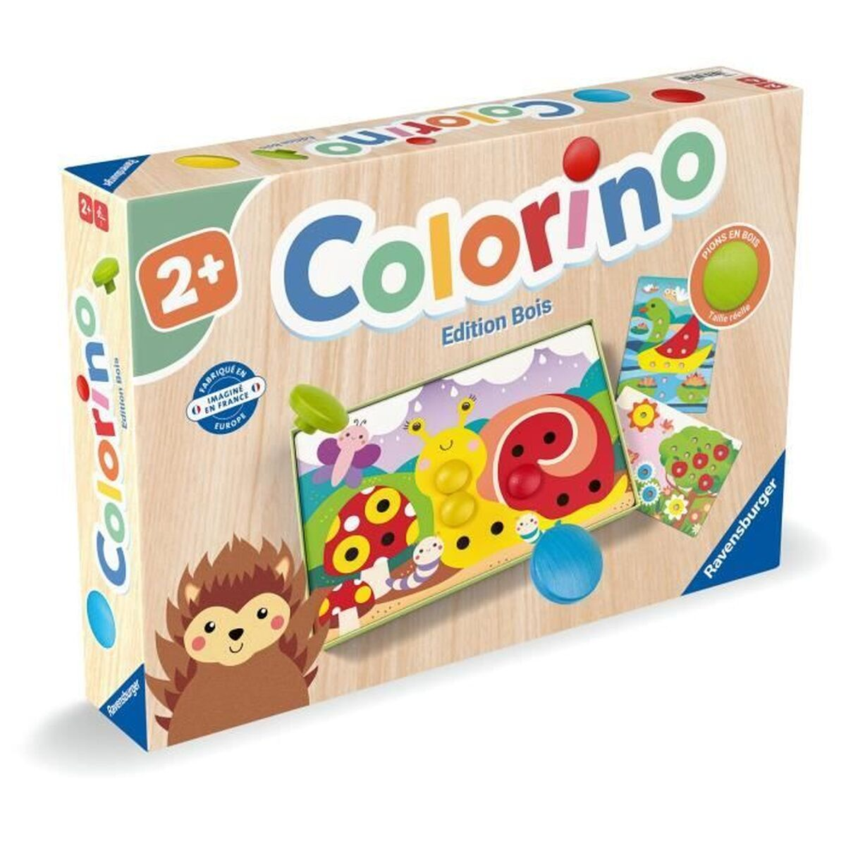 Verpackung des Ravensburger Colorino Holzspielzeugs mit Igel und bunten Motiven.