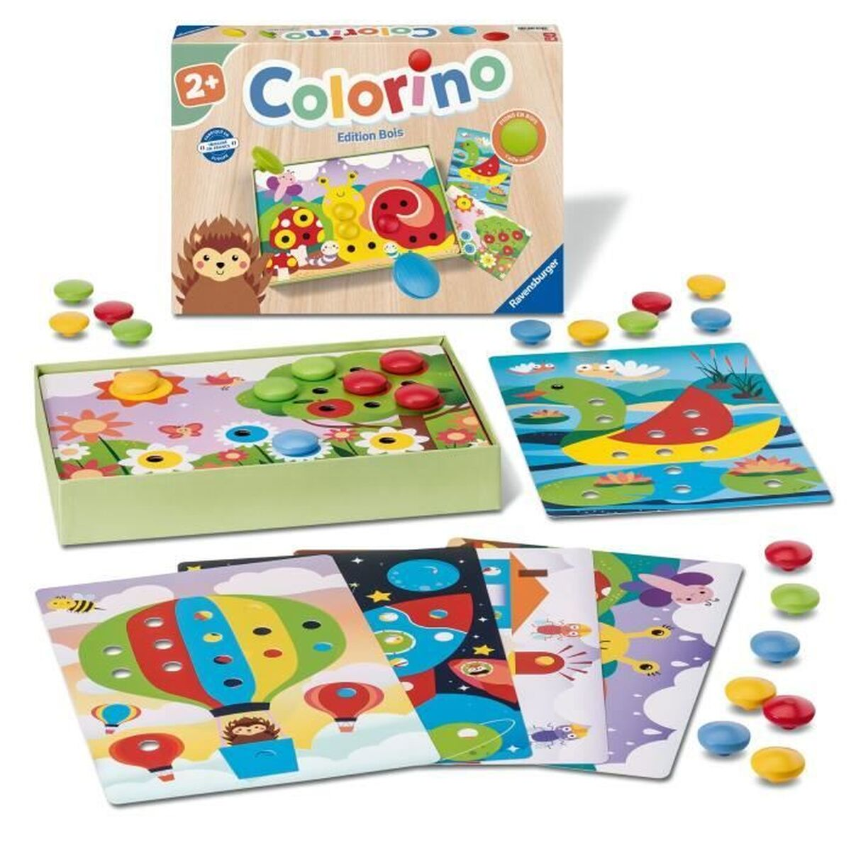 Colorino Spiel mit bunten Holzknöpfen und Bildkarten. Enthält Box, Brett und Spielsteine.