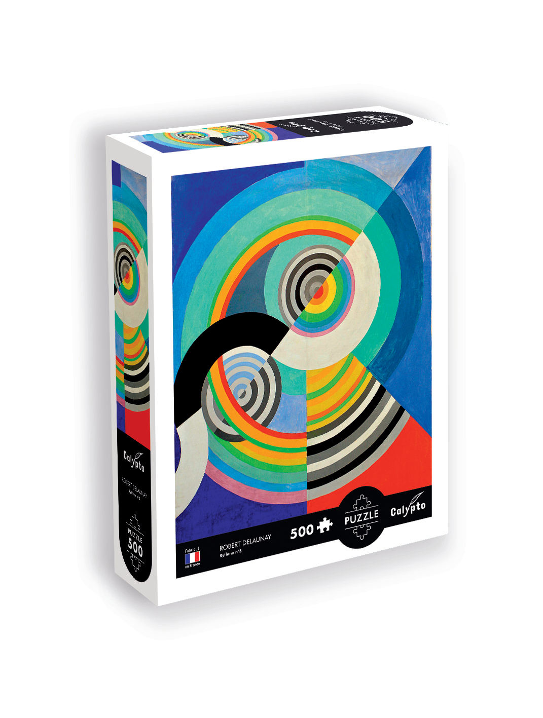 Schachtel von Robert Delaunays 500-teiligem Calypto-Puzzle mit bunten abstrakten Kreisen und Formen.