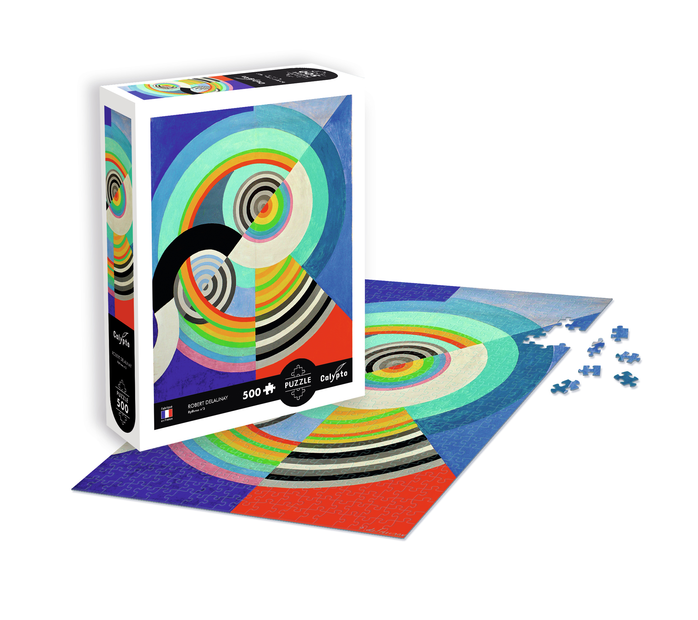 Ein Puzzlekarton und ein teilweise gelegtes Puzzle mit abstraktem, kreisförmigem Design.