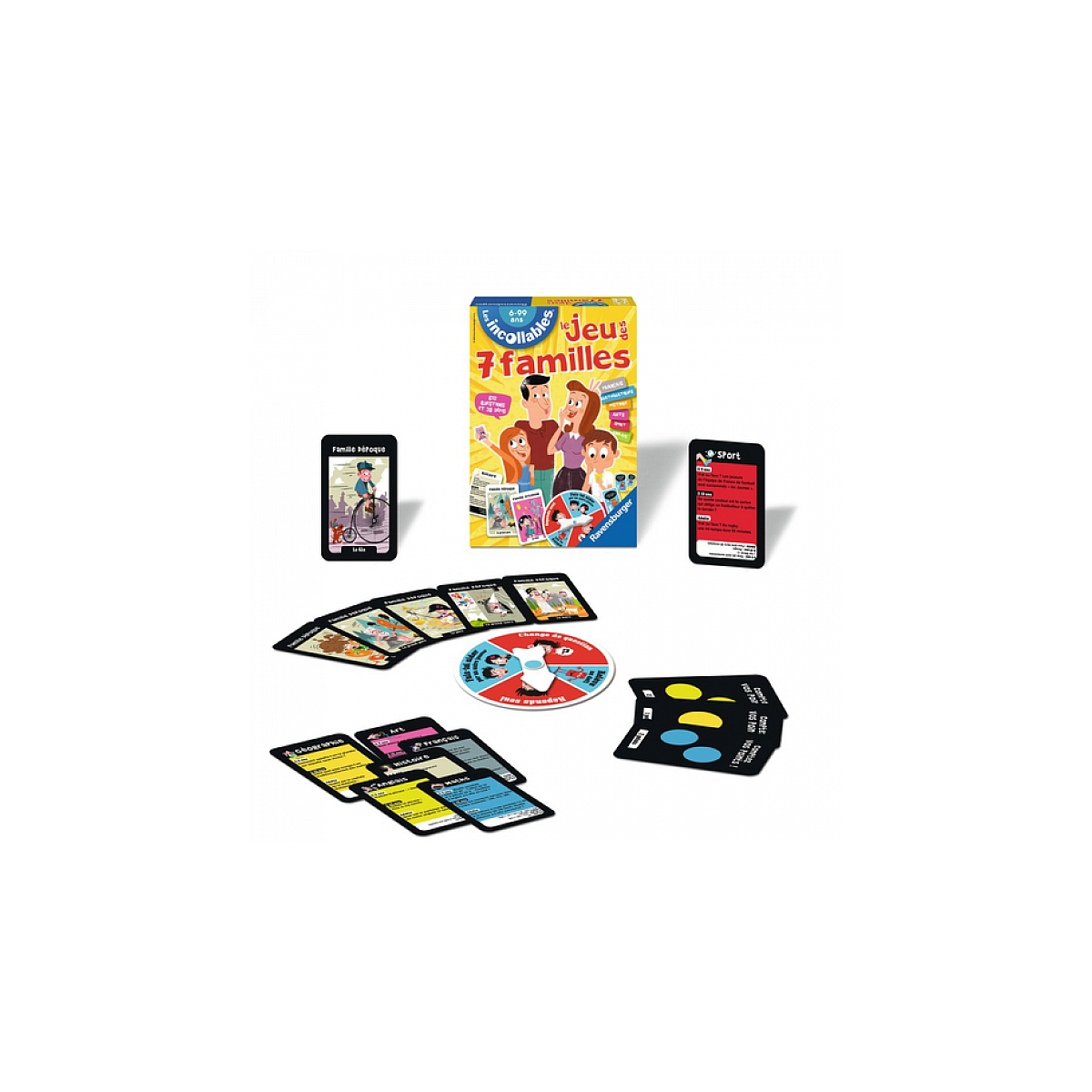 Spiel "7 Familien" von Ravensburger mit Karten, einem Spielbrett und einem Würfel.