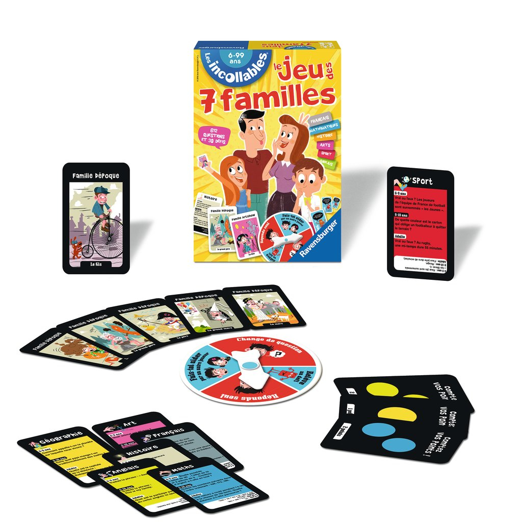 Spiel "7 Familien" von Ravensburger mit Karten, Spielbrett und Drehscheibe.