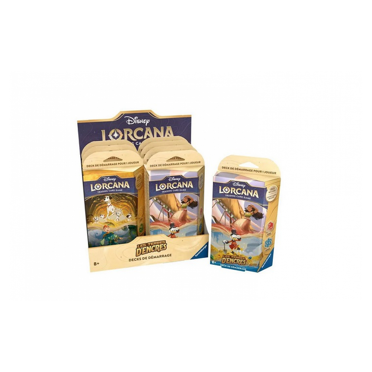 Disney Lorcana Spielkarten-Sets in einer Auslage, mit Charakteren wie Pongo und Perdita.