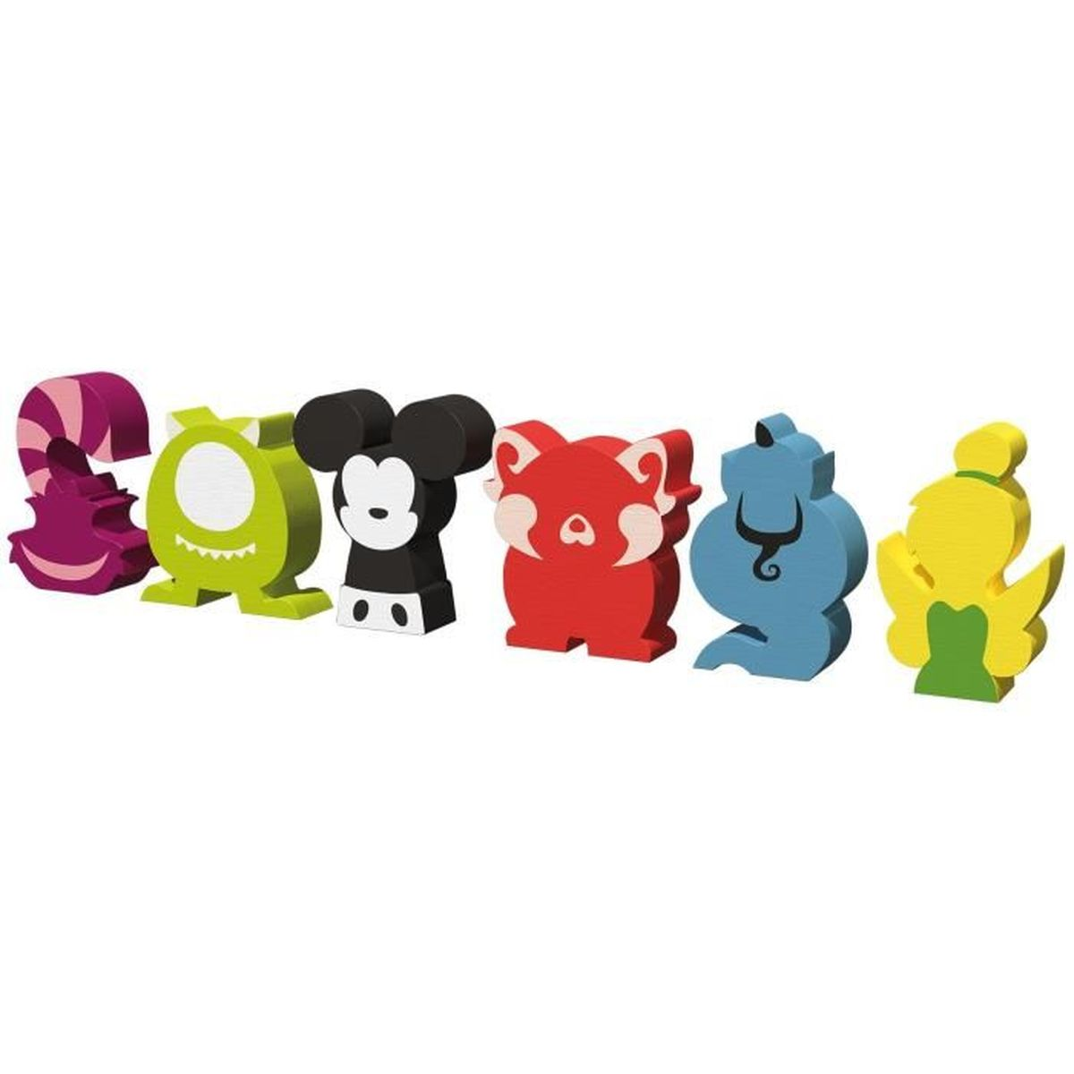 Fünf bunte Disney-Figuren stehen nebeneinander, von links nach rechts: lila, grün, schwarz/weiß, rot, blau und gelb.
