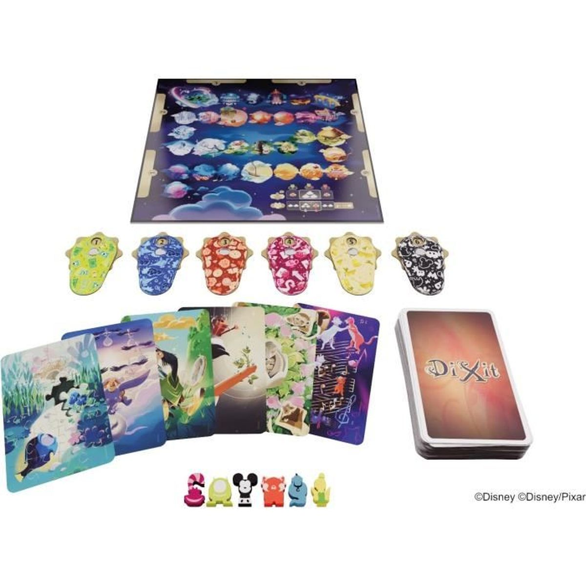 Brettspiel mit Spielbrett, Karten, Spielsteinen und Figuren.