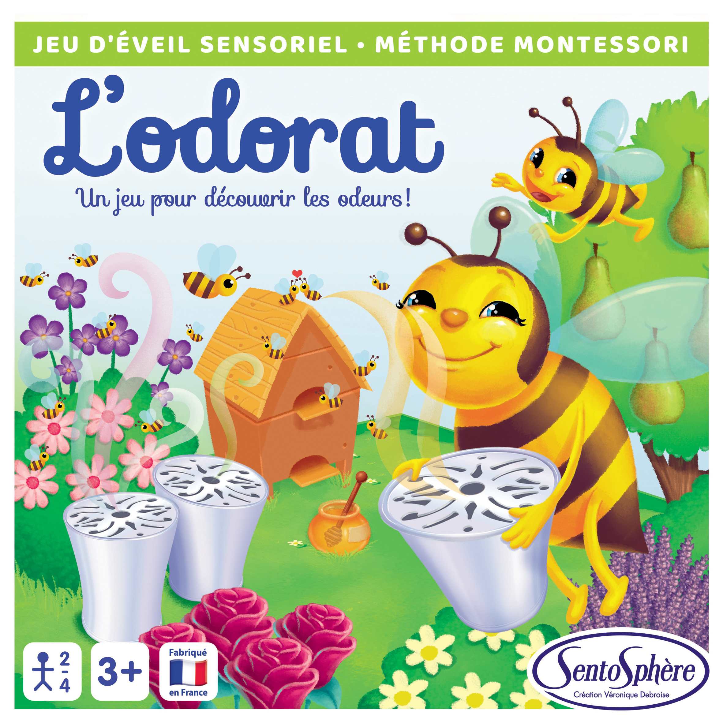 Bienen und Blumen auf einer Spielschachtel mit Beeren und Töpfen.
