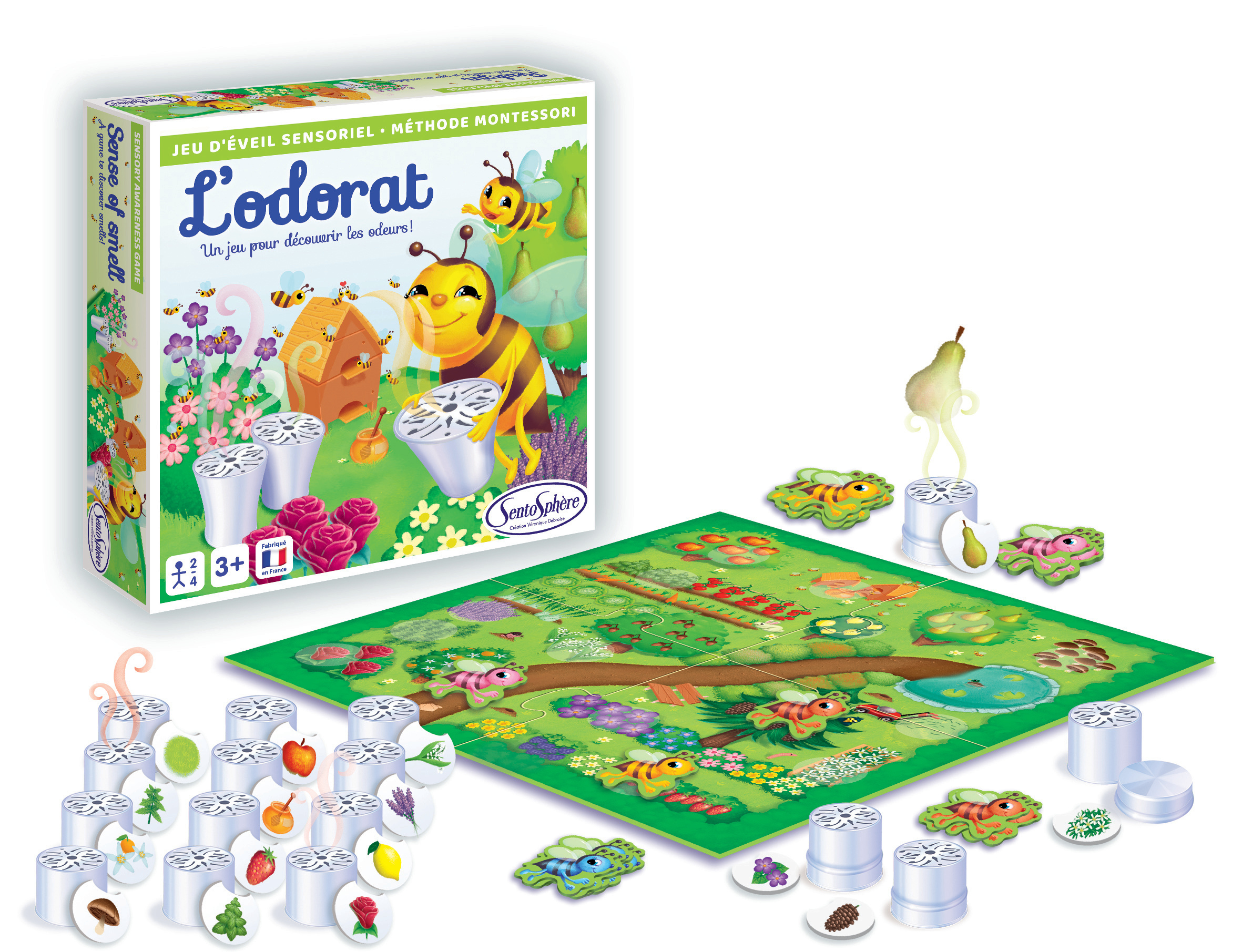 Brettspiel mit Bienen, Blumen und Duftbehältern. Ein Spiel zum Entdecken von Gerüchen.