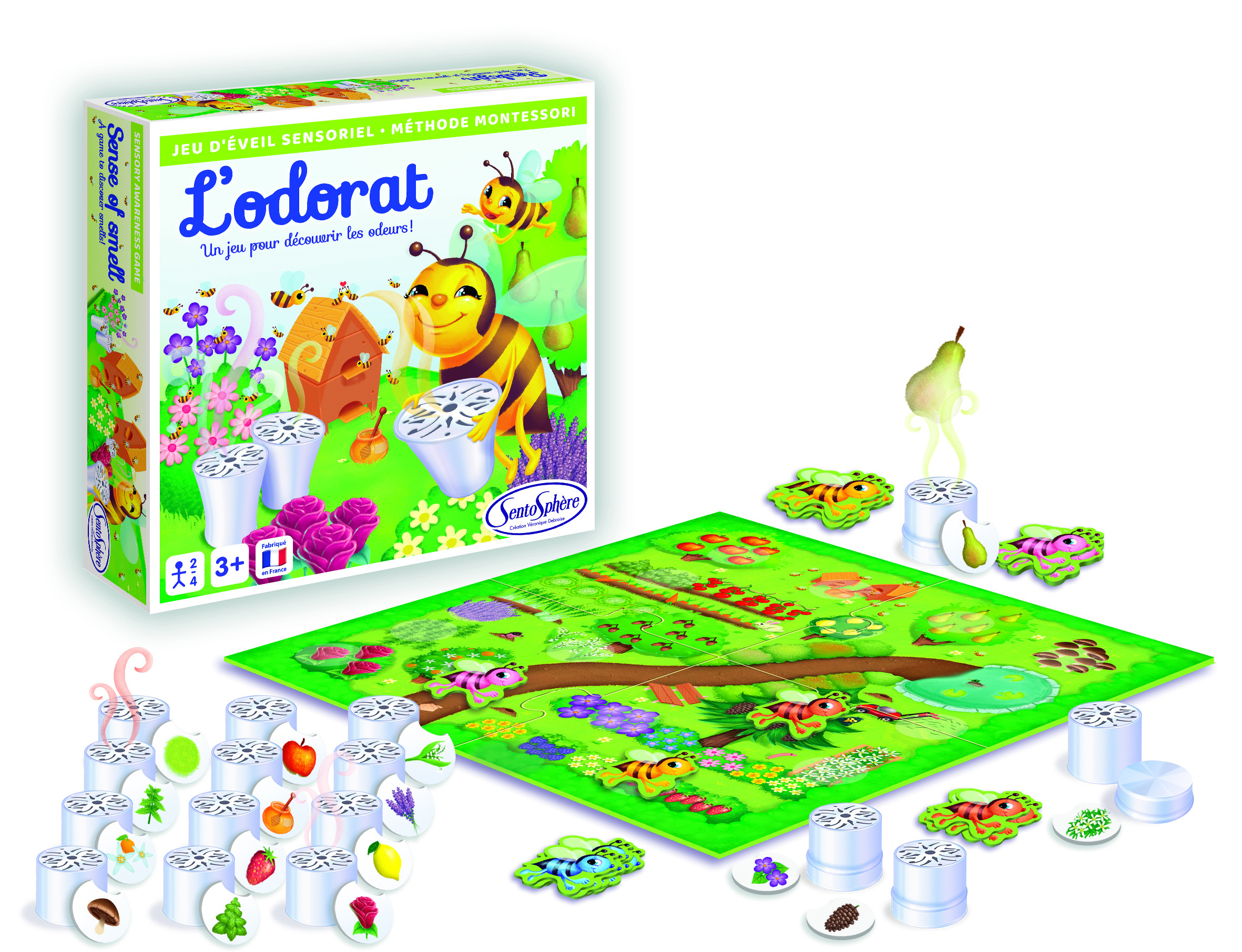 Spiel mit Bienen, Blumen und Duftbehältern auf einem grünen Spielbrett.