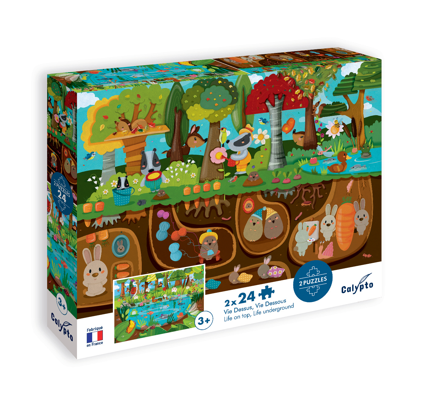 Arte de caja para 2 rompecabezas que muestra animales del bosque arriba y subterráneos.