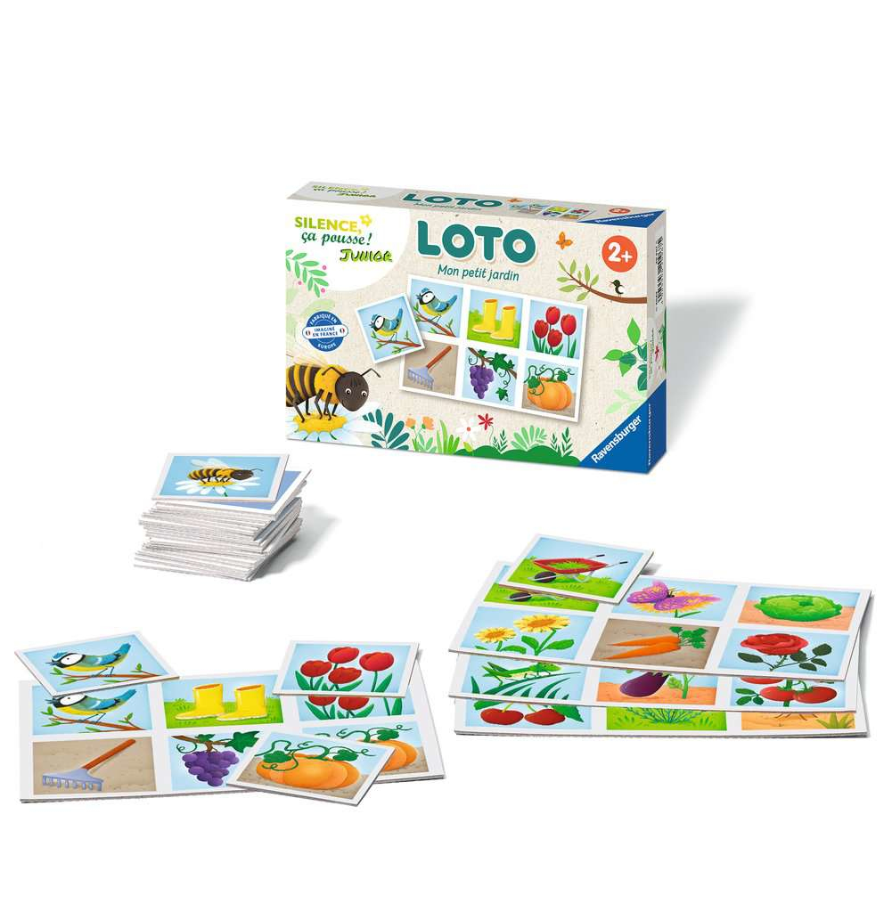Loto Junior Spiel mit Gartenmotiven: Bienen, Vögel, Blumen, Gemüse, Früchte.