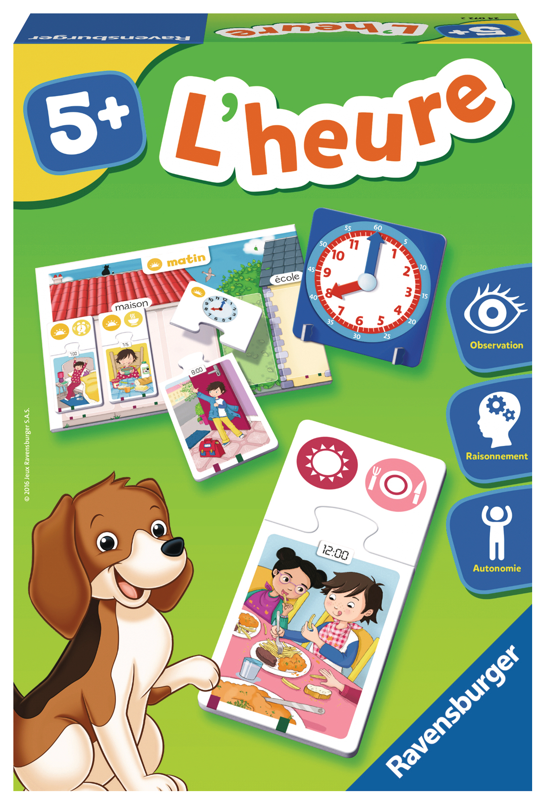 Ein Brettspiel-Cover mit einem Hund, Uhren und Szenen von Kindern.