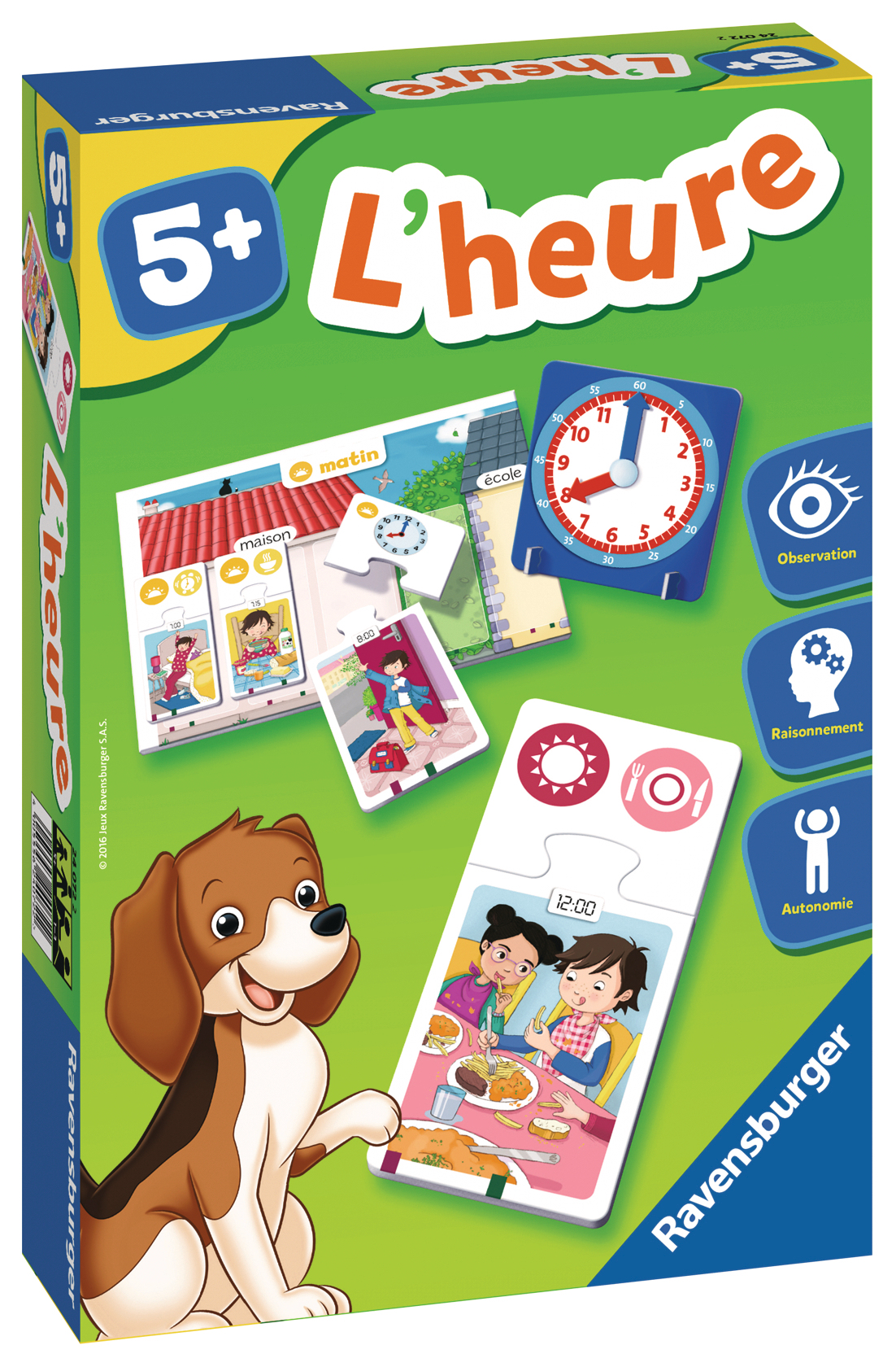 Brettspielcover mit Hund, Uhr und Bildkarten zum Thema Zeitlernen.