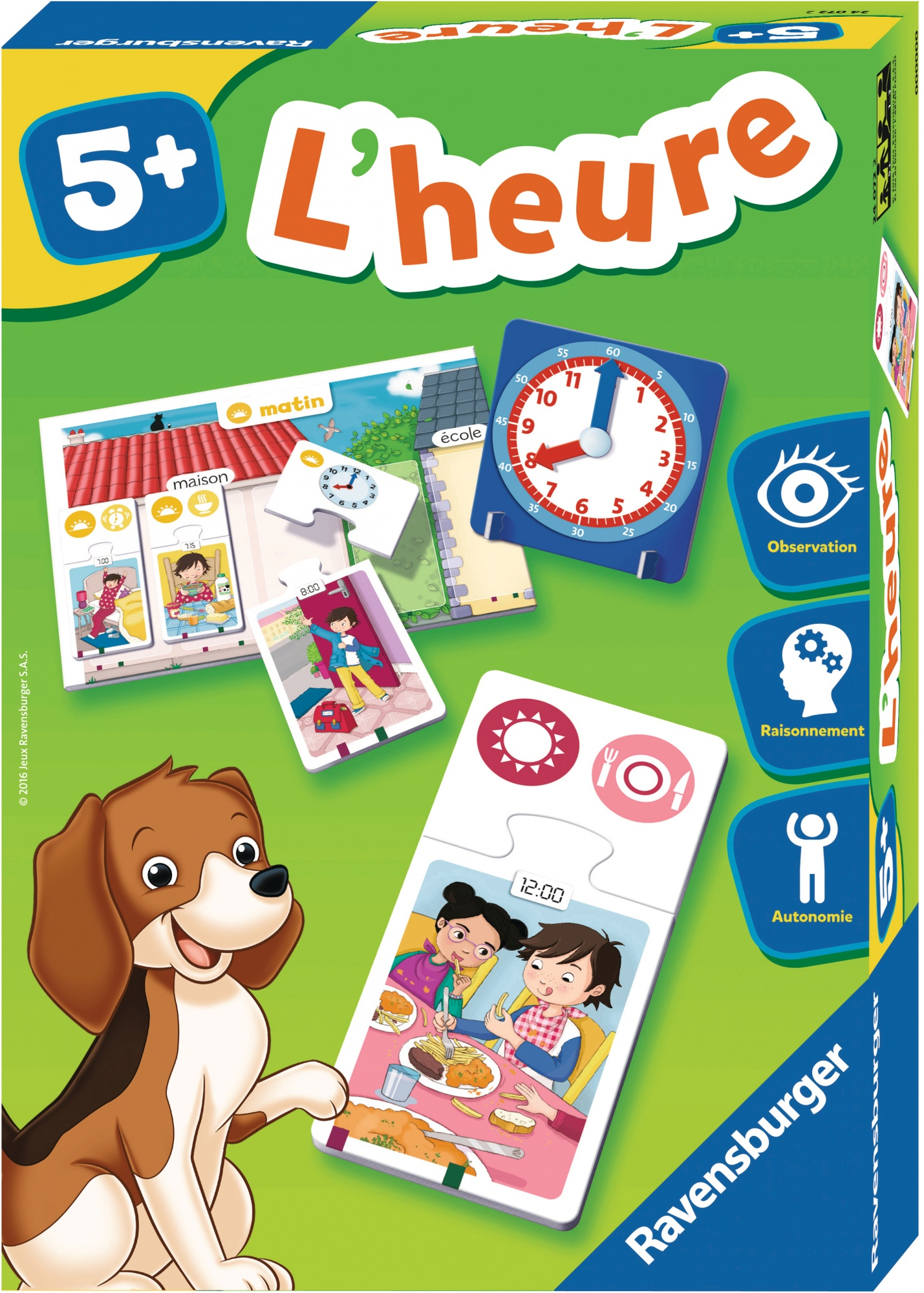 Brettspielbox mit Hund, Uhr und Szenen des Tagesablaufs für Kinder ab 5 Jahren.