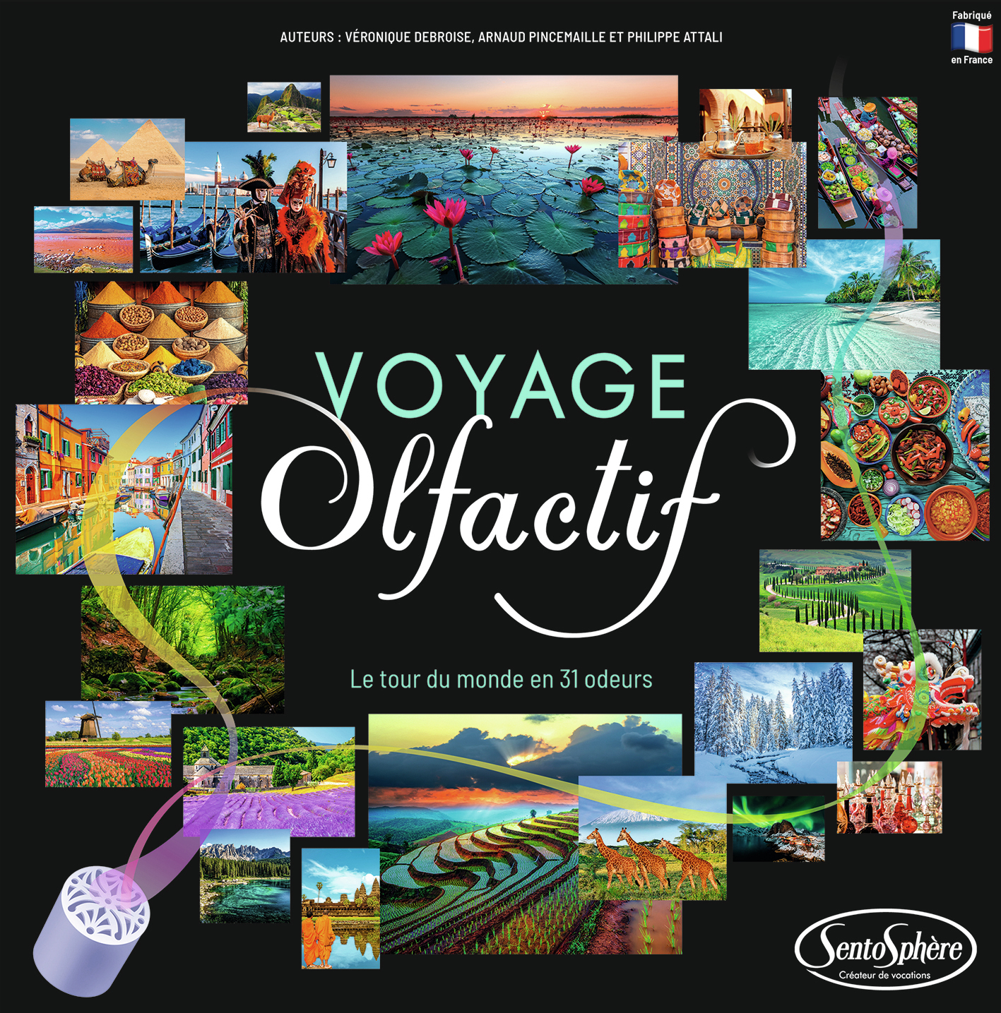 Collage d'images de voyages autour du monde intitulé 'Voyage Olfactif'.