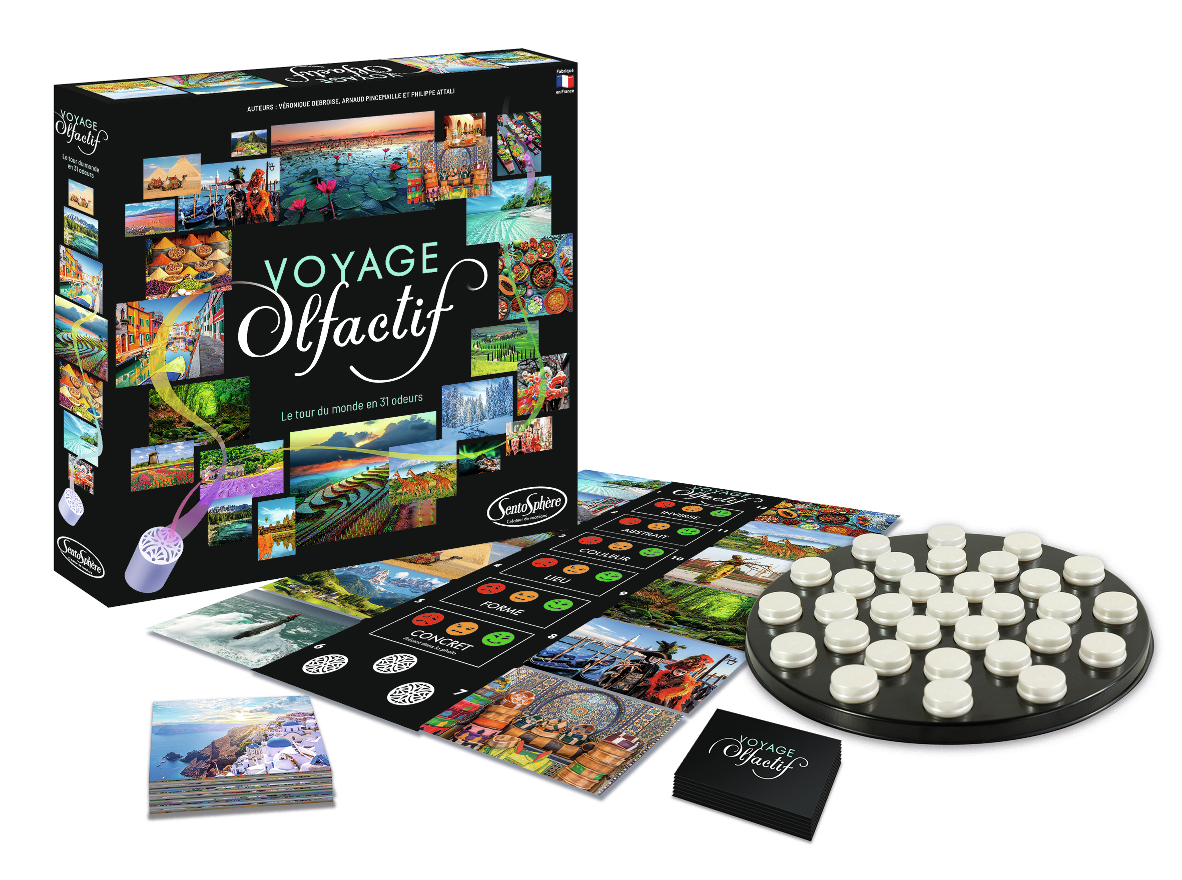 Jeu de société "Voyage Olfactif" avec scènes du monde et pièces de jeu sur fond noir.