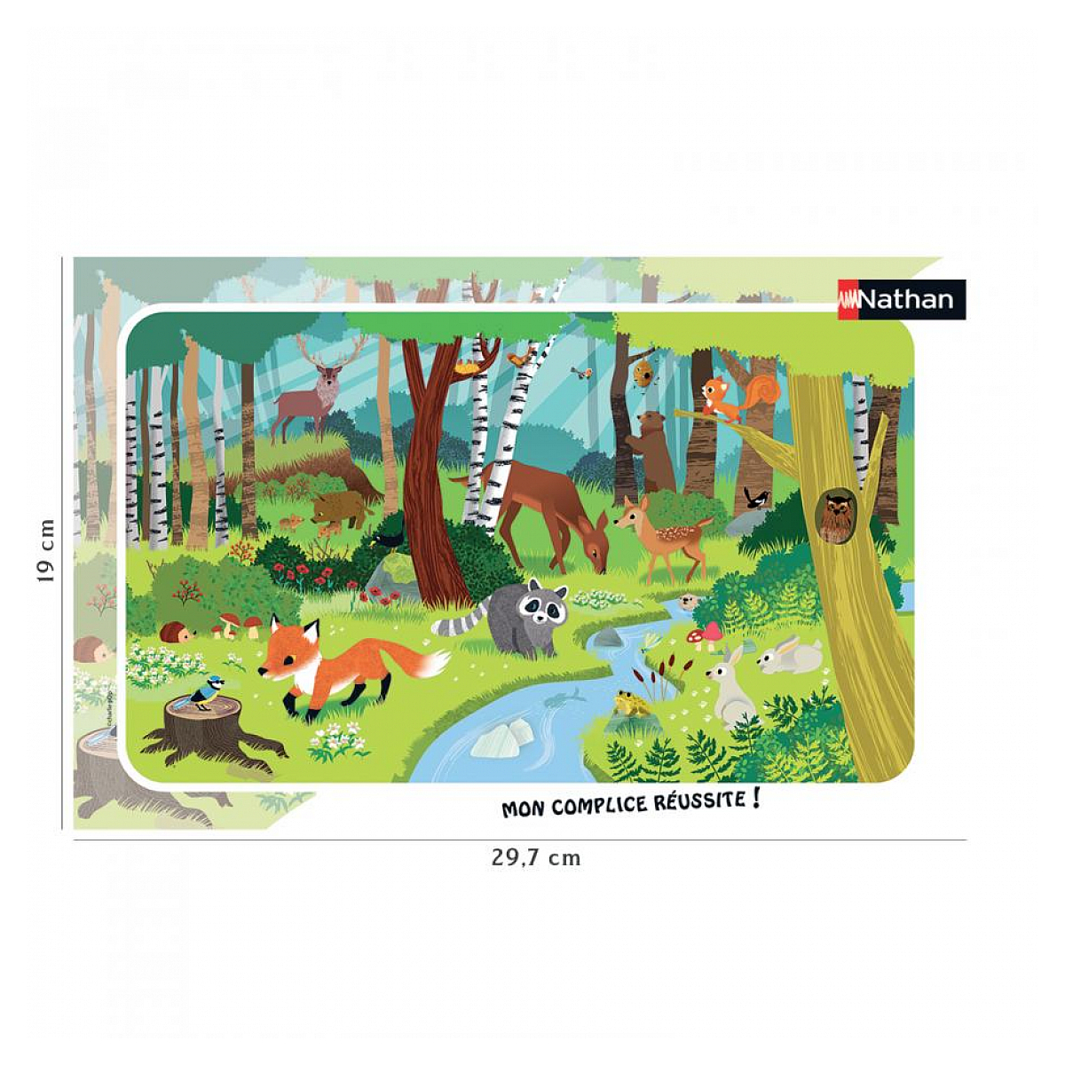 Illustration eines Waldes mit Tieren wie Fuchs, Waschbär, Reh, Bär und Eichhörnchen.