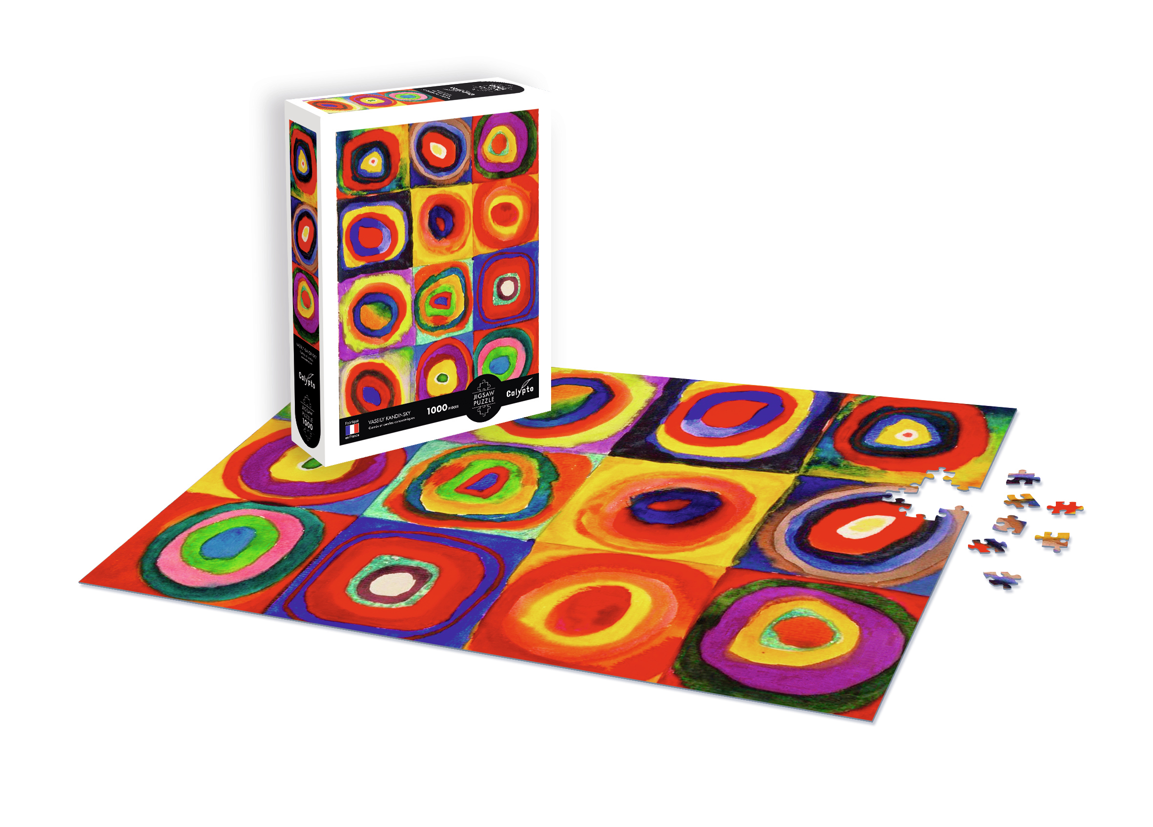 Puzzlebox und ausgelegtes Puzzle mit konzentrischen Kreisen in bunten Farben.