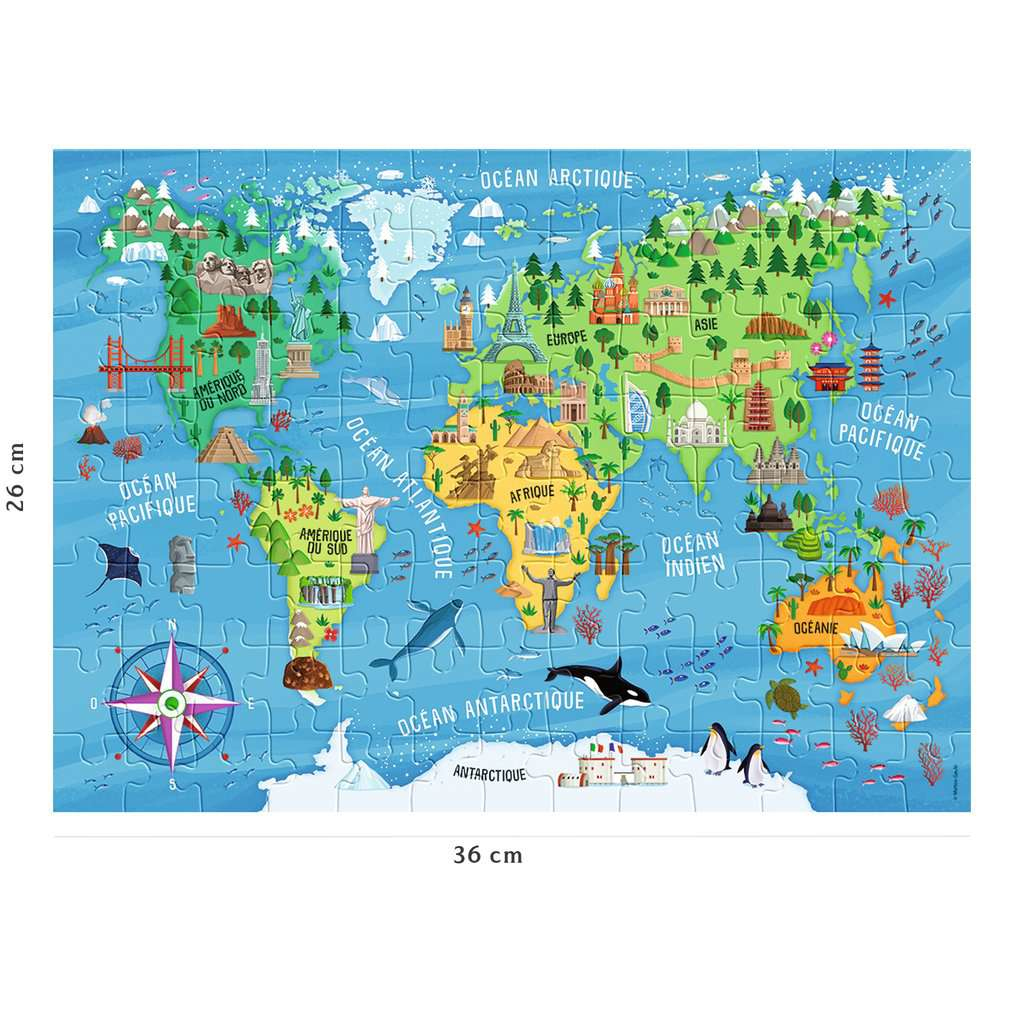Eine Weltkarte-Puzzle mit Wahrzeichen und Tieren, blauem Ozean.