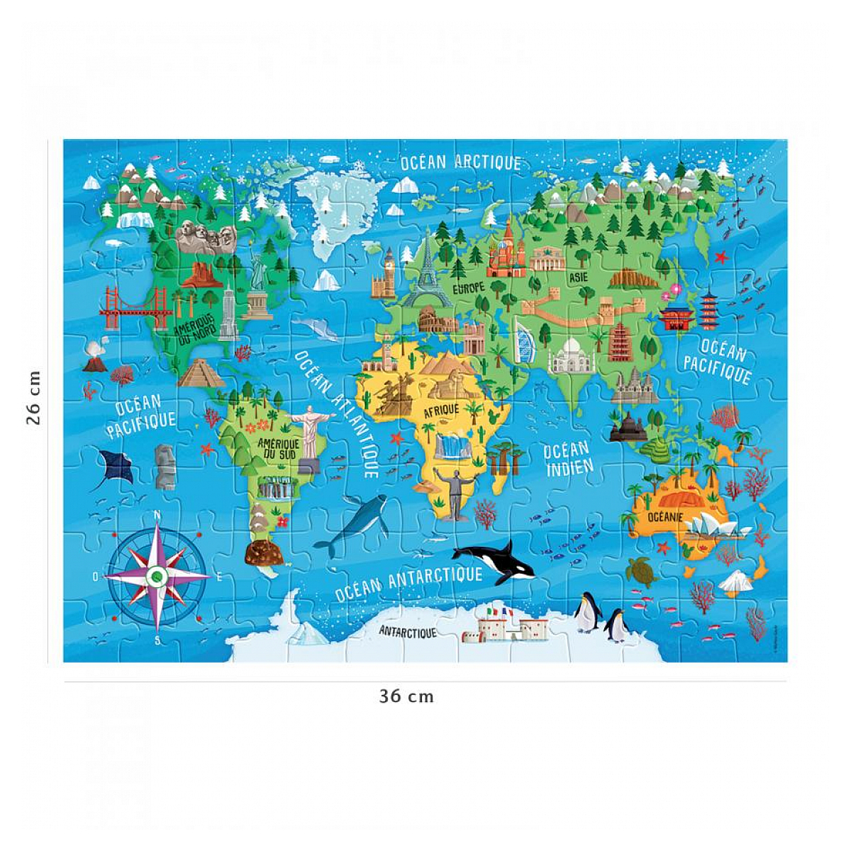 Weltkarte-Puzzle mit Wahrzeichen und Tieren, auf blauem Hintergrund.