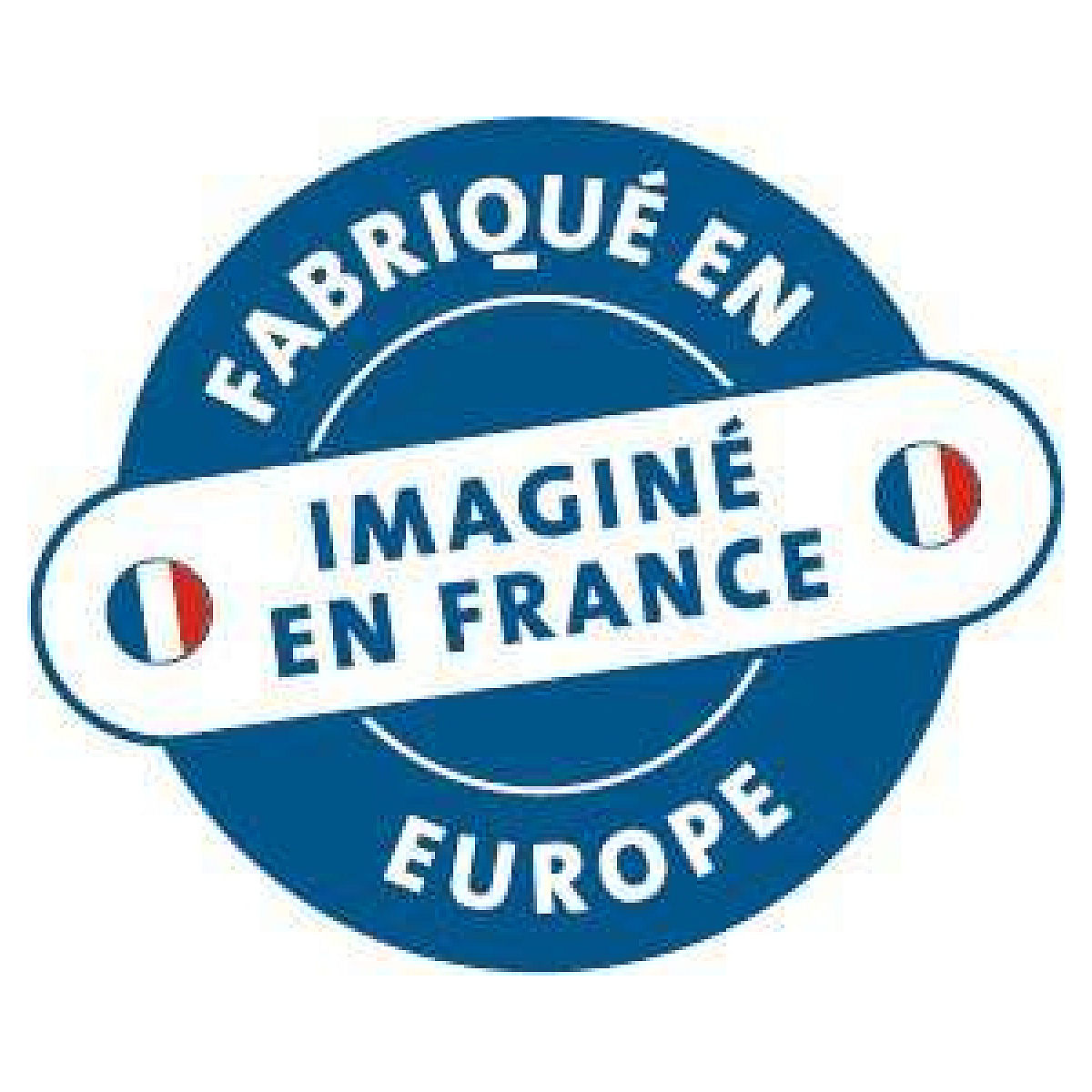 Blauer Kreis mit weißer Schrift: Hergestellt in Europa, entworfen in Frankreich.