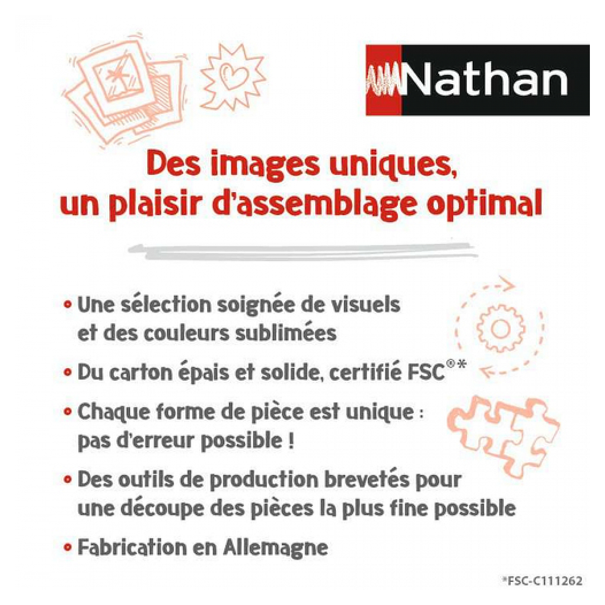 Nathan Logo, Puzzle-Teile, Herz und Bilder. Text: Einzigartige Bilder, optimaler Montage-Spaß.