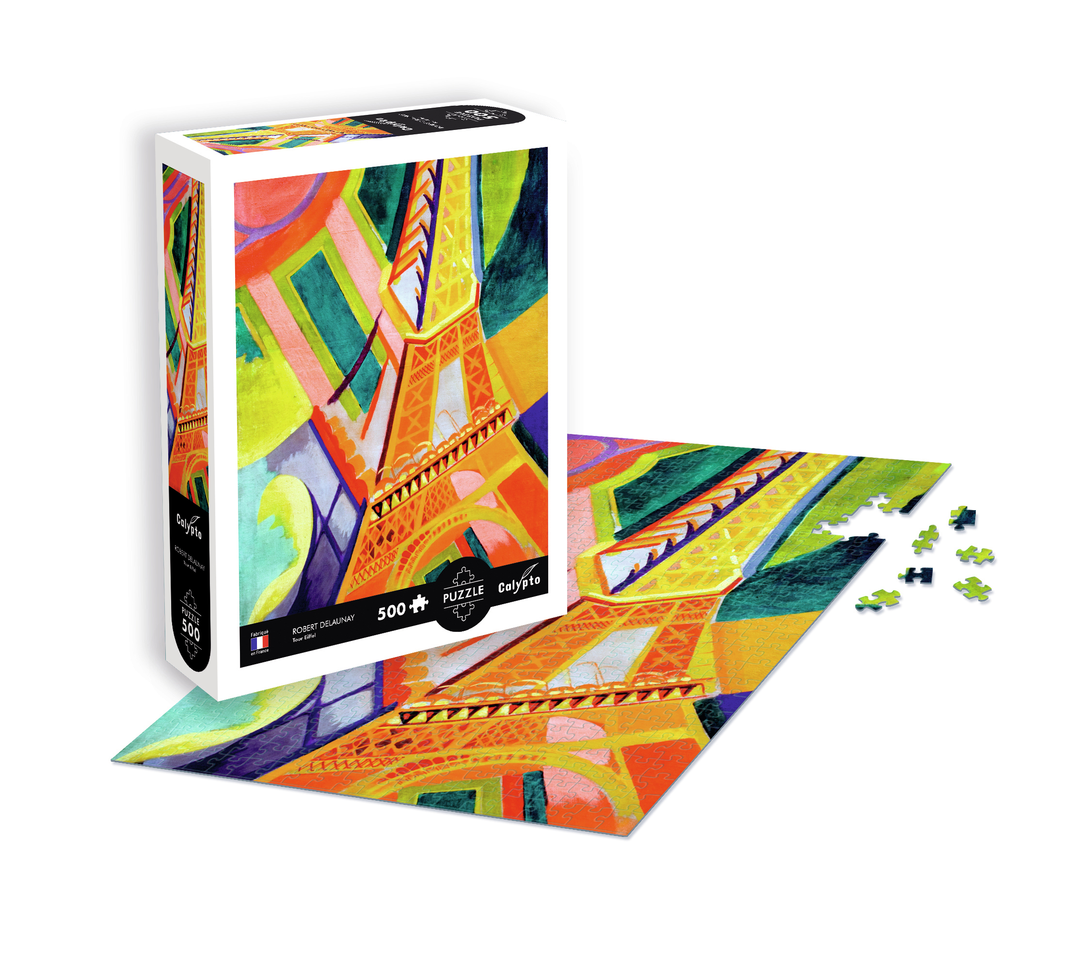 Puzzlebox und Puzzleteile mit abstraktem Eiffelturm-Motiv in leuchtenden Farben.