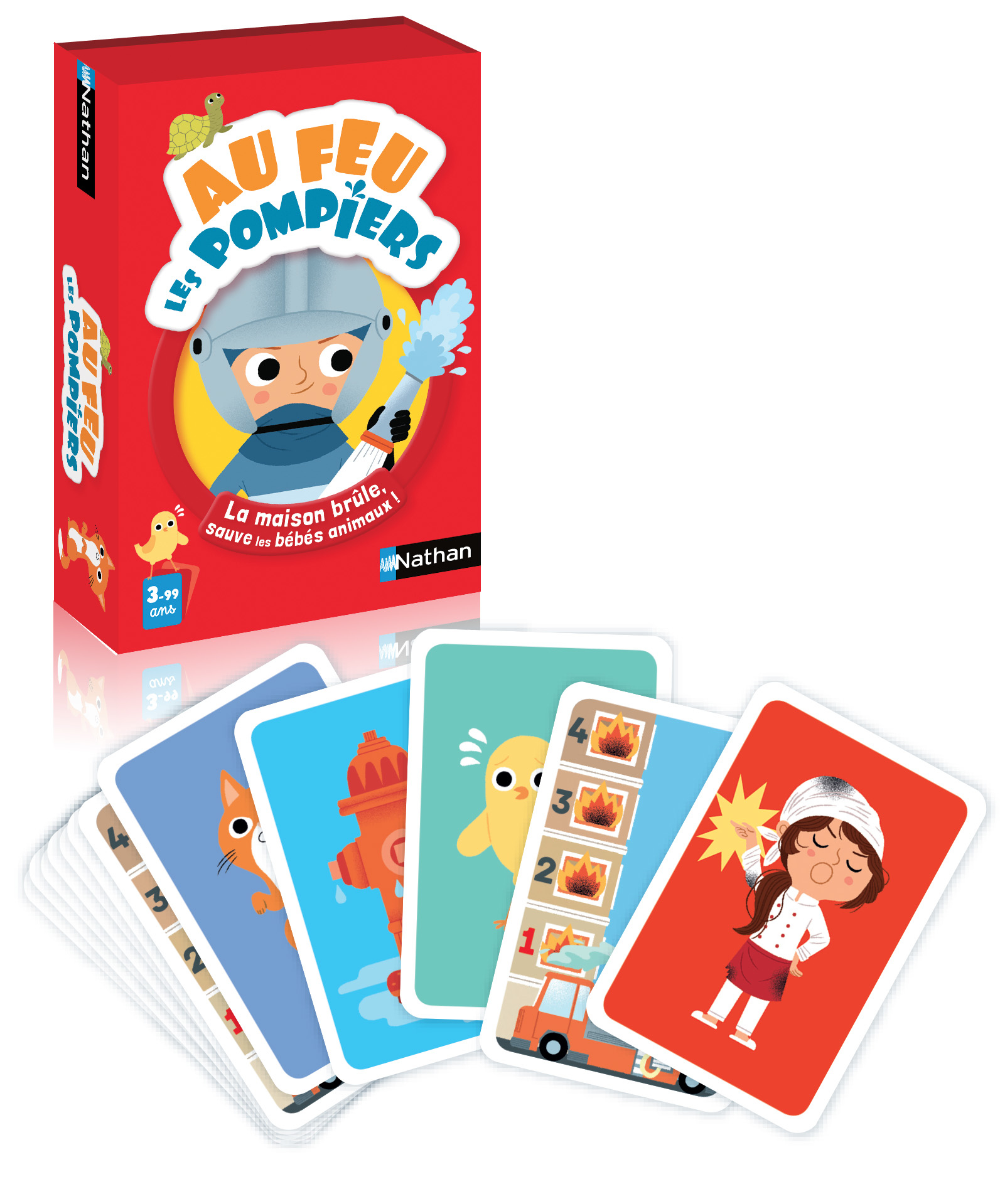 Brettspiel-Box mit Feuerwehrmann-Motiv und Spielkarten. Kinder-Spiel.