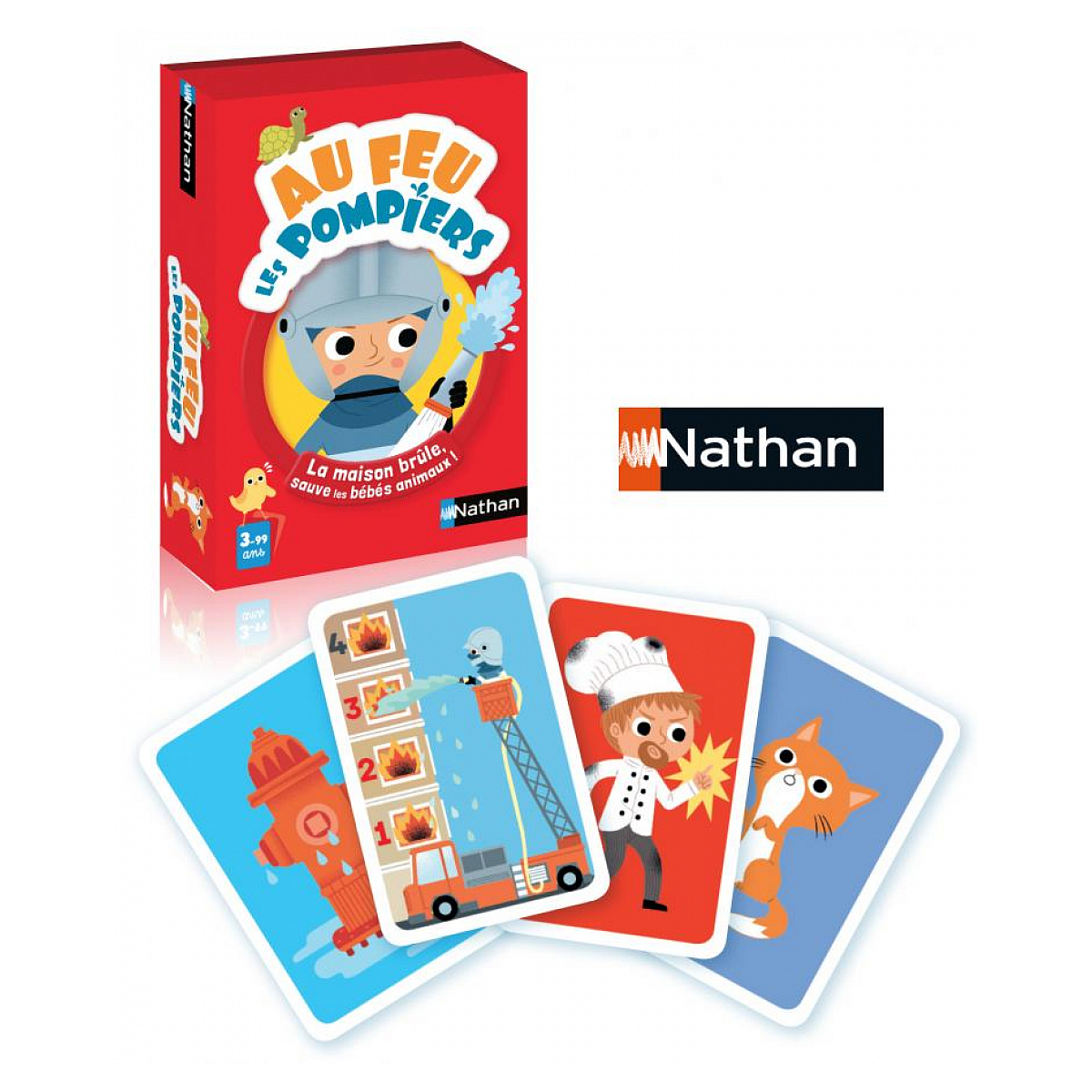 Brettspiel-Box und Karten mit Feuerwehr-Motiven: Ein Haus brennt, ein Feuerwehrmann löscht.