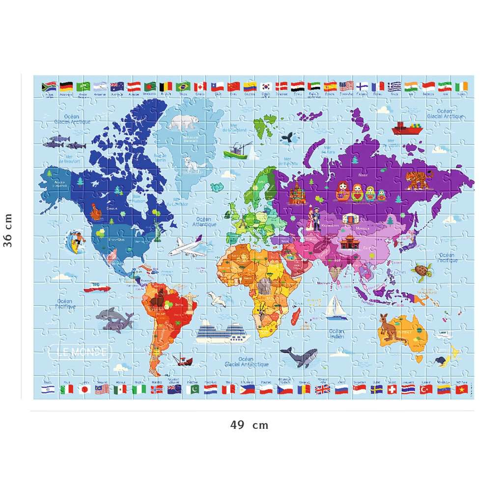 Eine bunte Weltkarte als Puzzle mit Flaggen, Tieren und Fahrzeugen.