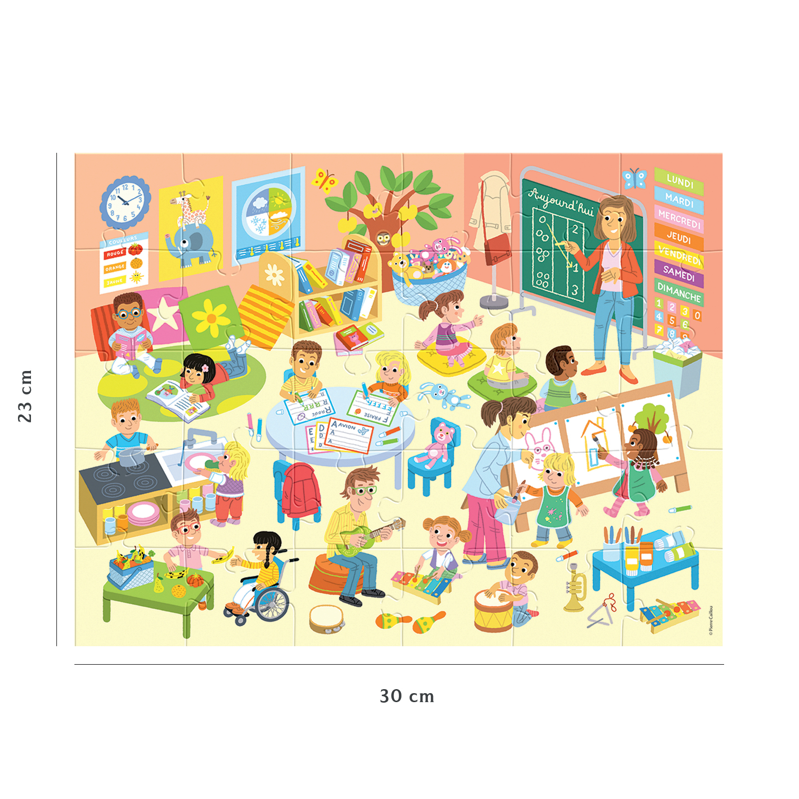 Bunte Klassenzimmerszene mit Kindern, die lernen und spielen, mit Tafel und Spielzeug.