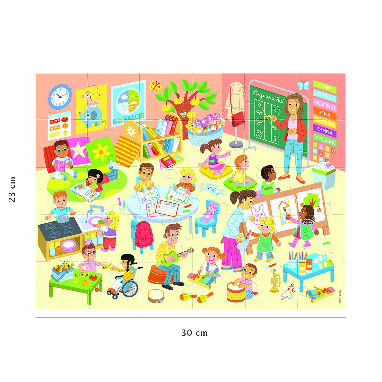 Kinder im Klassenzimmer spielen und lernen. Ein Lehrer unterrichtet an einer Tafel.