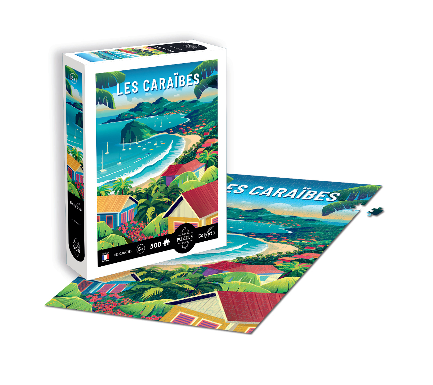Eine bunte Karibik-Szene mit Häusern, Palmen, Strand und Meer.