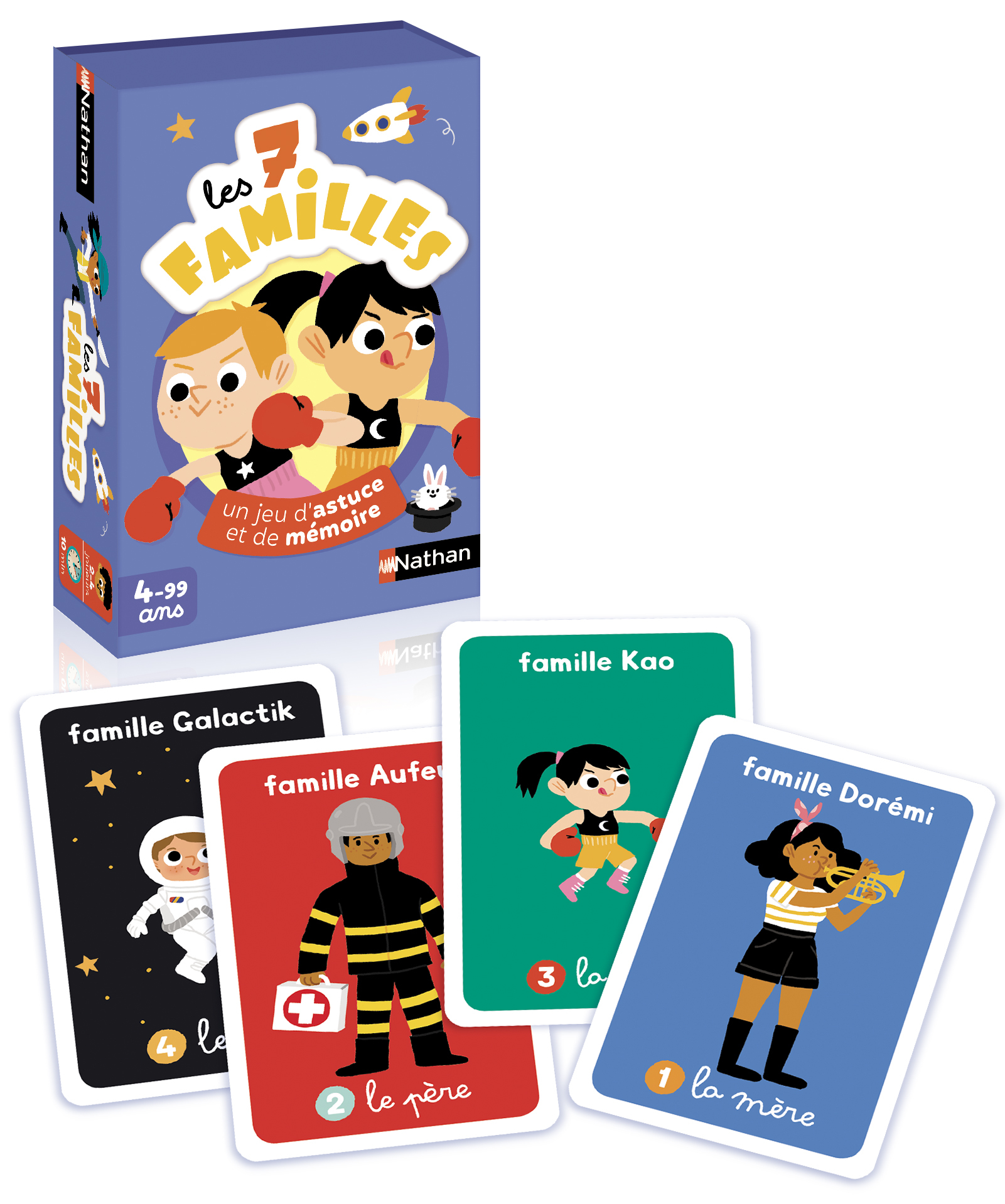 Spielbox und Karten: 7 Familien, Weltraum, Feuerwehrmann, Boxer, Trompeter.