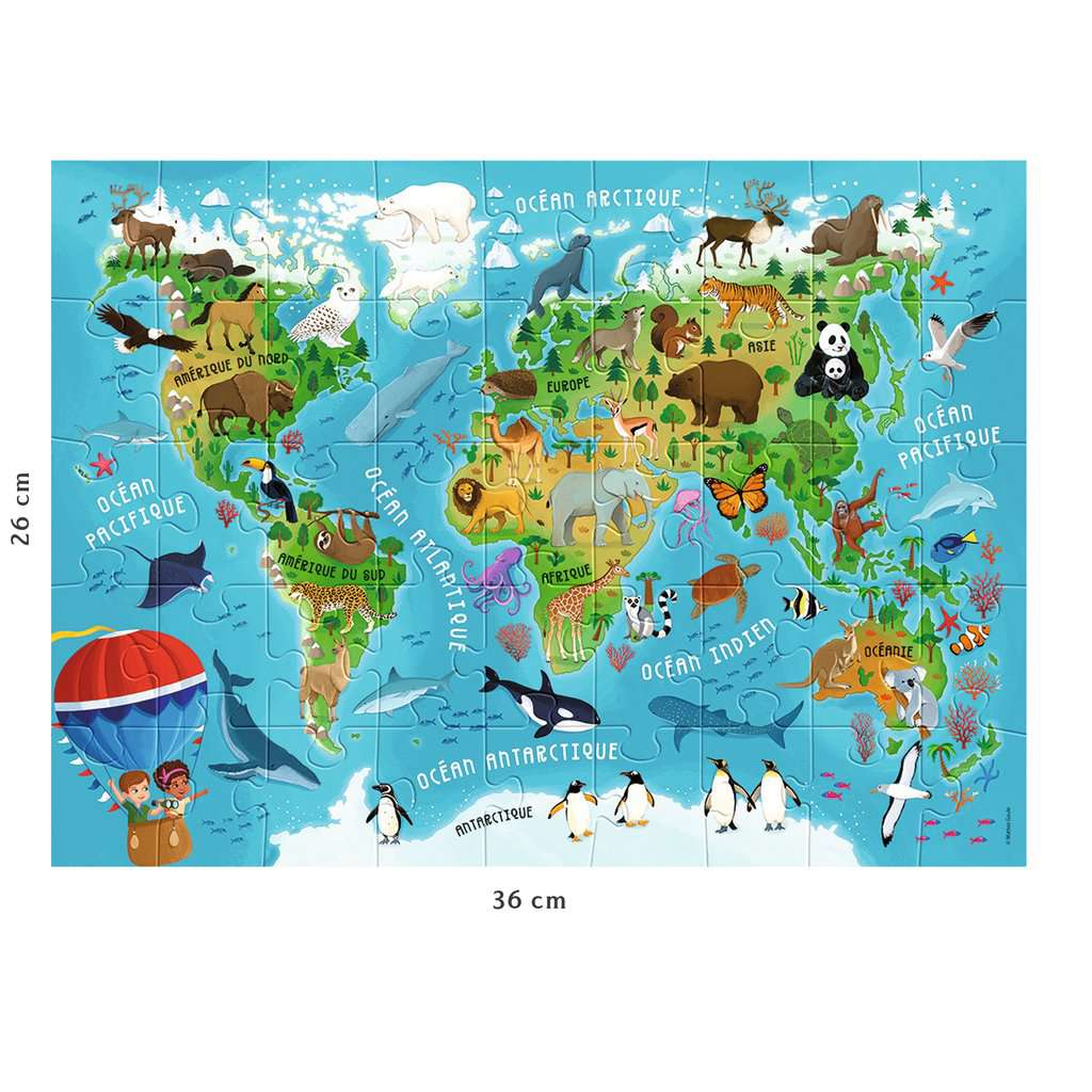 Puzzle einer Weltkarte mit Tieren und Ozeanen, Kinder und Heißluftballon.