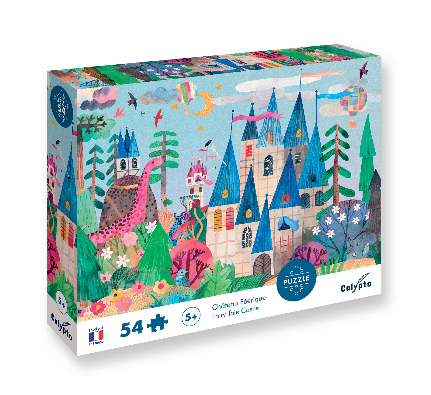 Bunte Schachtel mit einem Märchenschloss, Drachen und Bäumen.