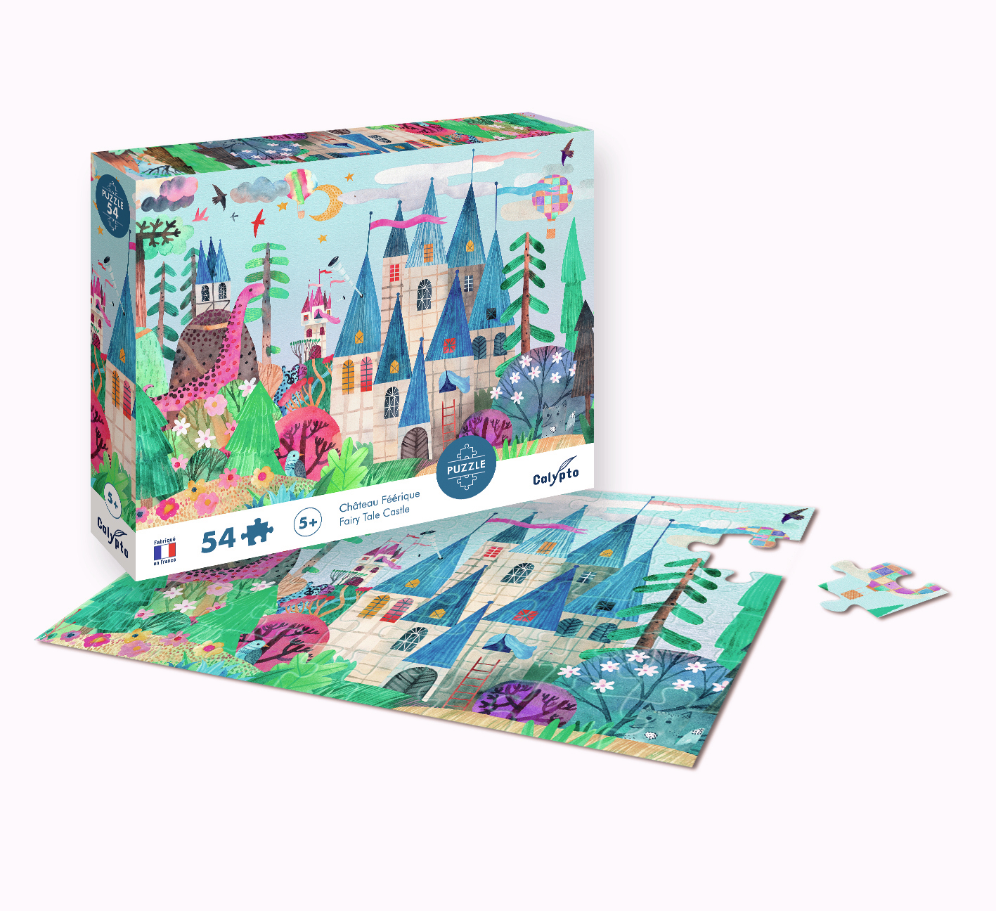 Bunte Märchenschloss-Puzzleverpackung mit ausgelegtem Puzzle und einem Einzelteil.