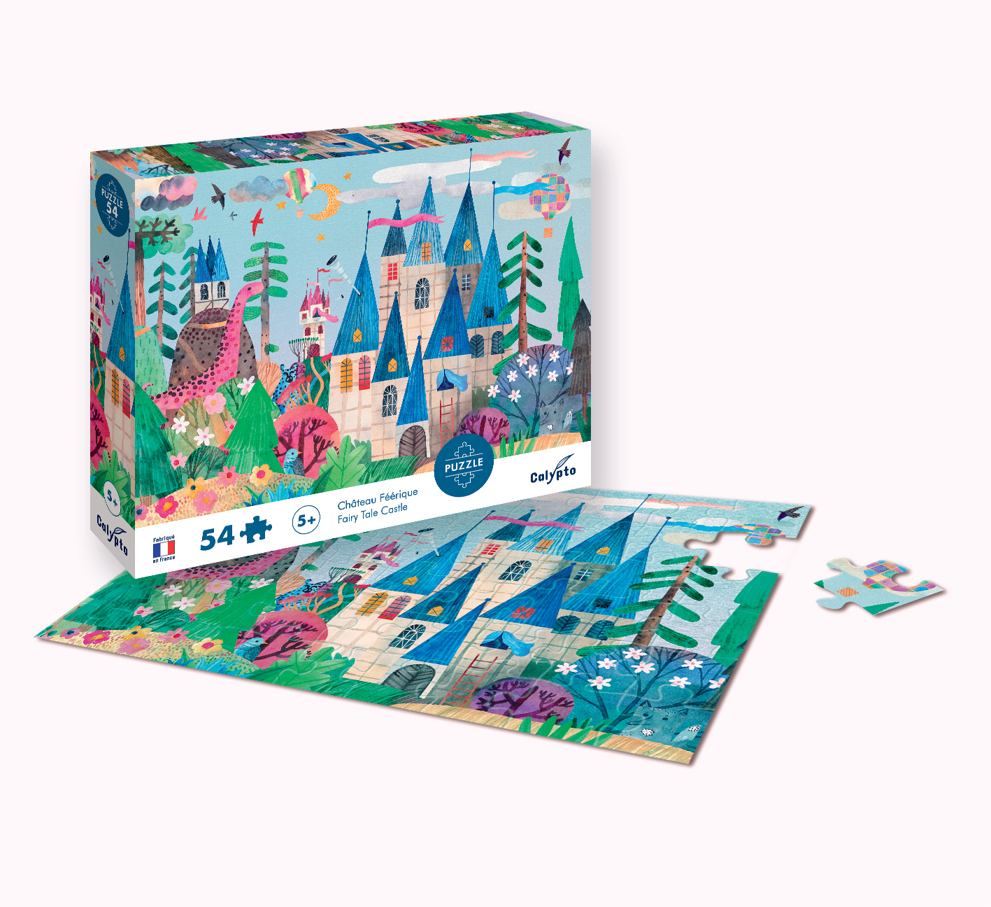 Eine 54-teilige Puzzlebox und ein teilweises Puzzle, das eine farbenfrohe Märchenburg mit einem rosa Drachen zeigt.