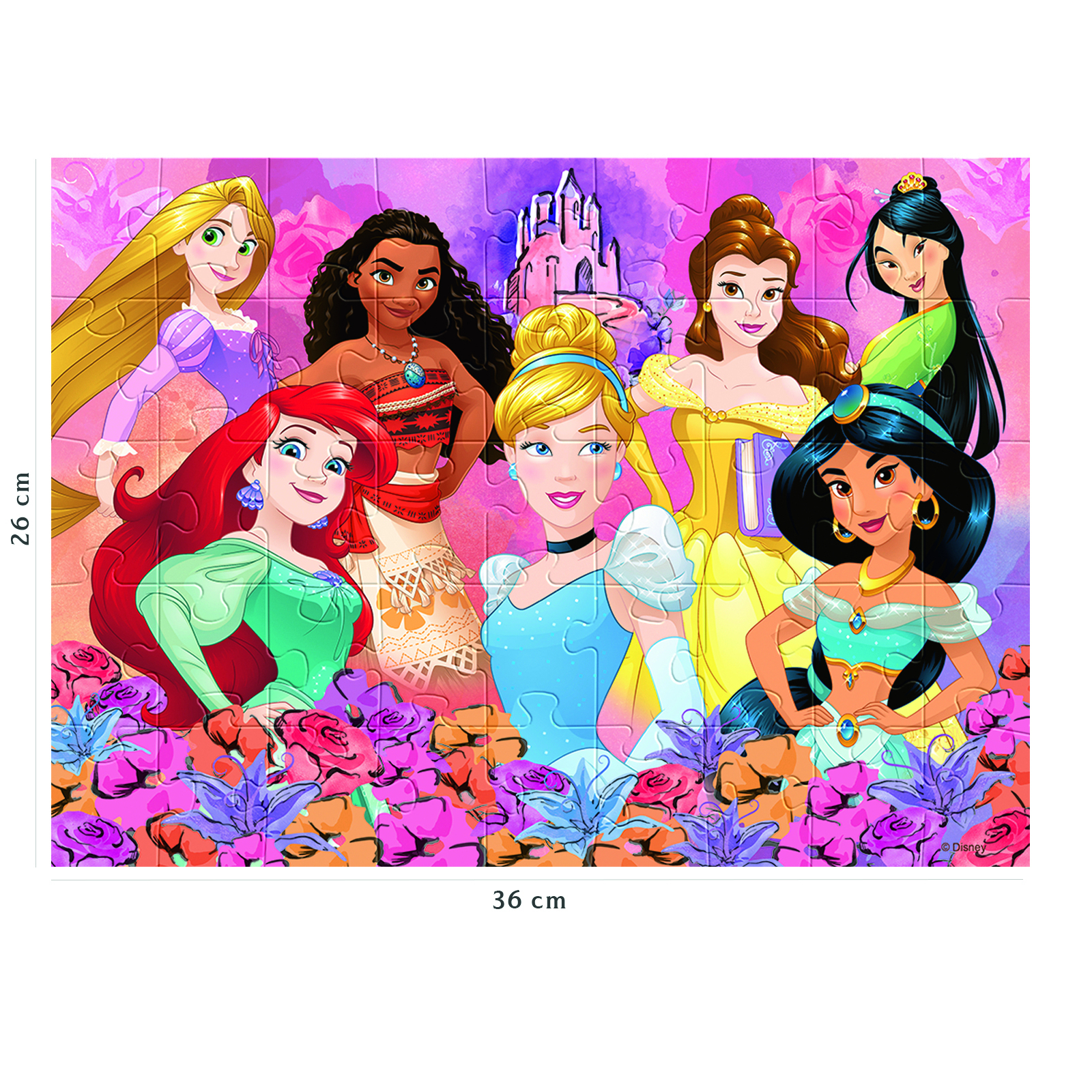 Prinzessinnen-Puzzle mit Rapunzel, Moana, Arielle, Cinderella, Belle und Jasmin vor einer Burg.
