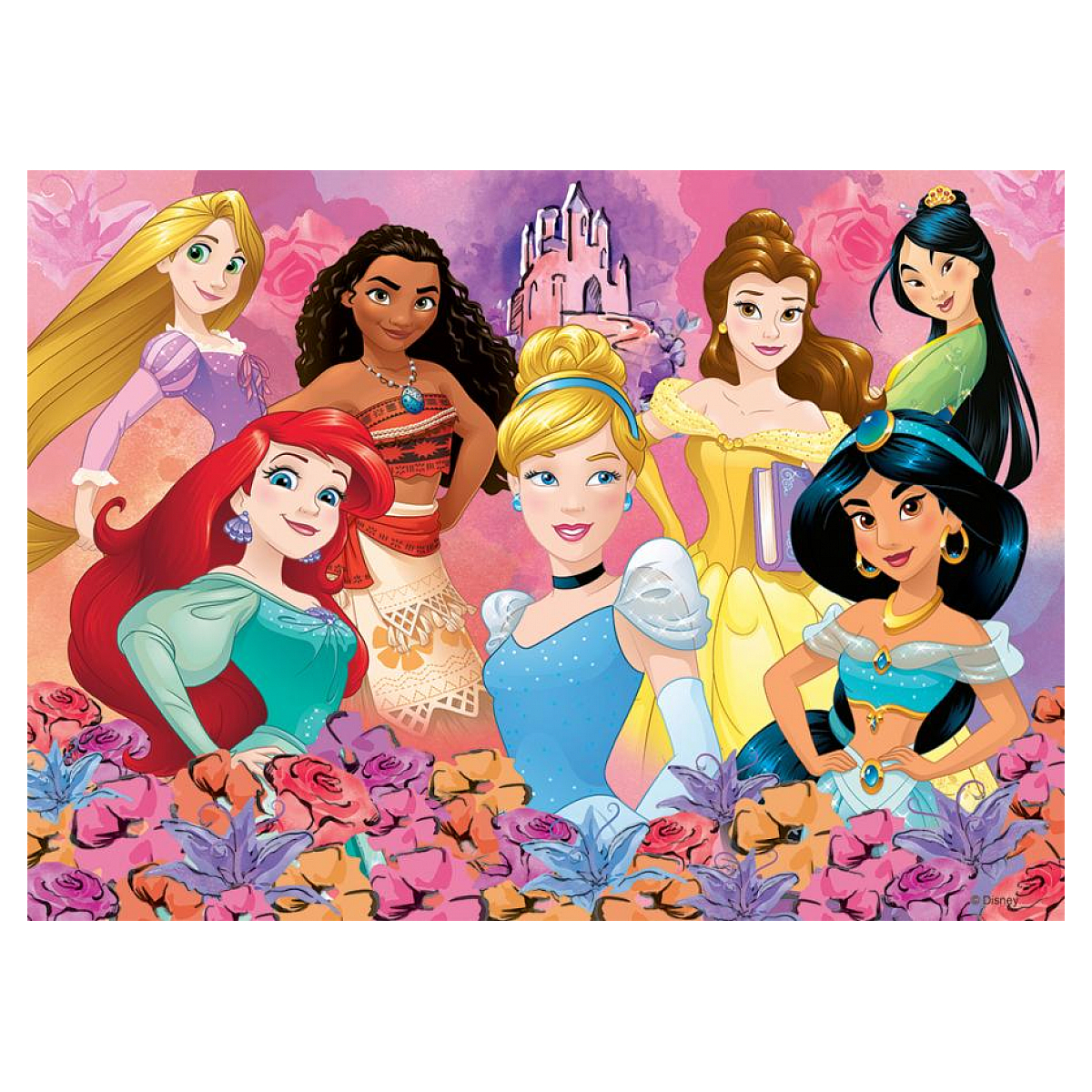 Sechs Disney-Prinzessinnen stehen vor einer Burg und Blumen in Rosa- und Lilatönen.