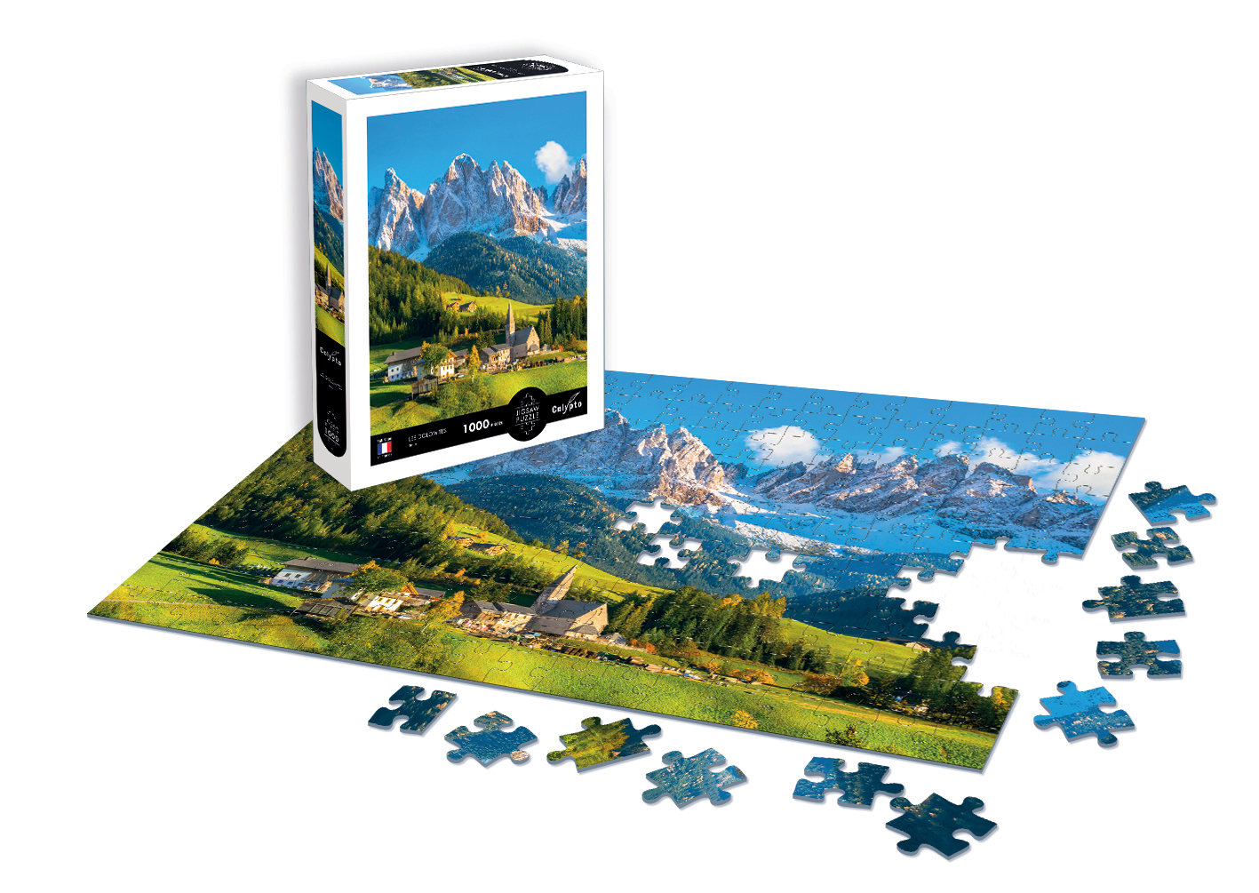 Pueblo de montaña con iglesia y Alpes, caja de rompecabezas y piezas sueltas.