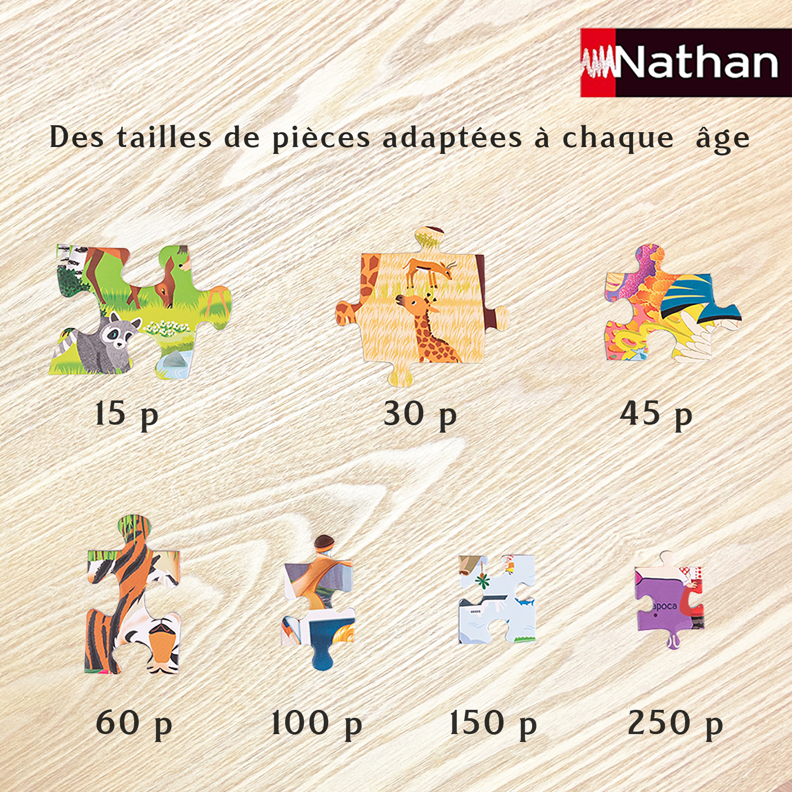 Puzzles mit Wald-, Savannen-, und abstrakten Motiven in verschiedenen Größen.