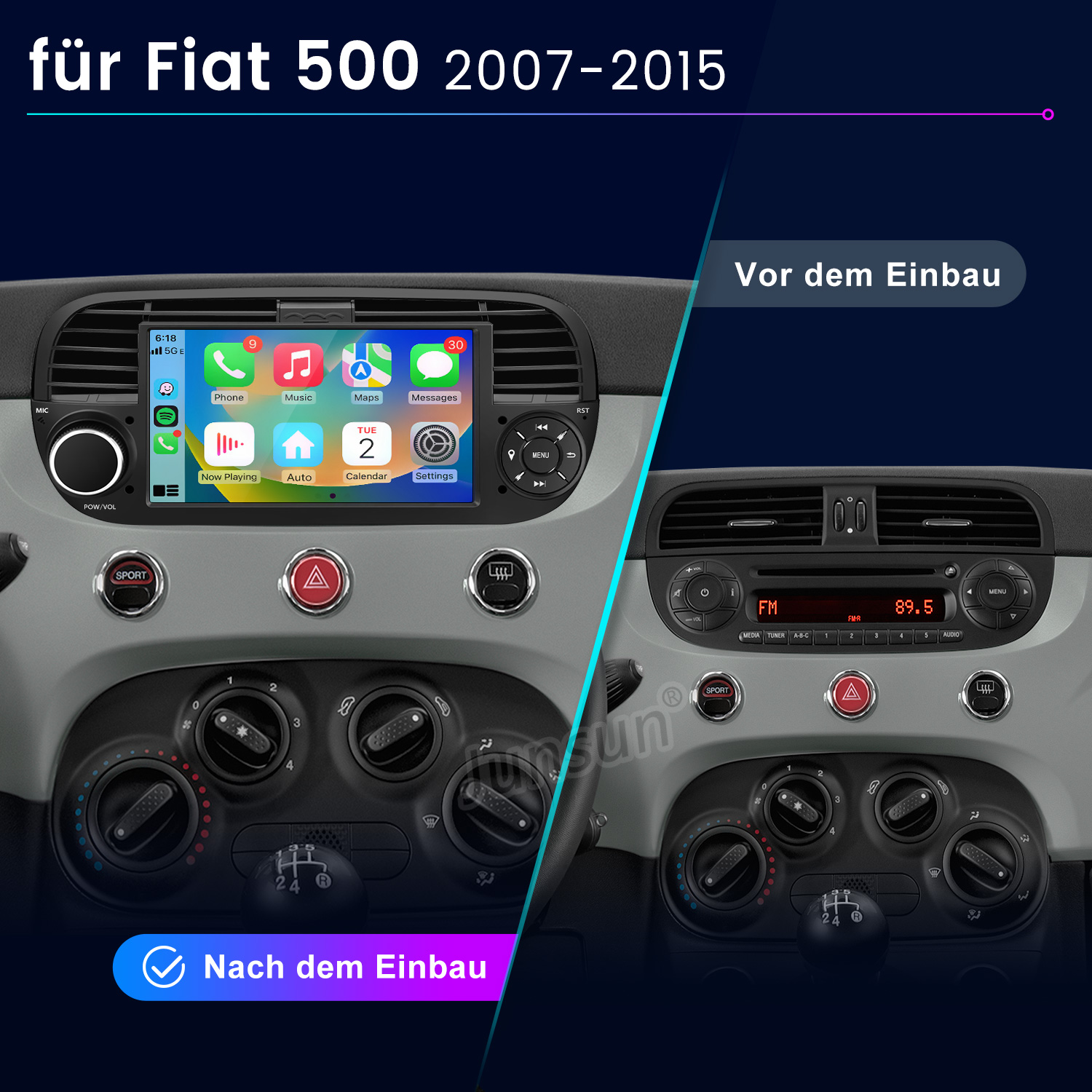 Vorher/Nachher-Vergleich eines Fiat 500 Infotainmentsystems.