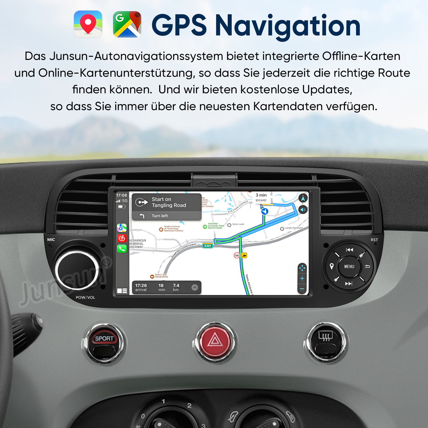 Armaturenbrett mit GPS-Navigationsbildschirm, der die Route anzeigt.